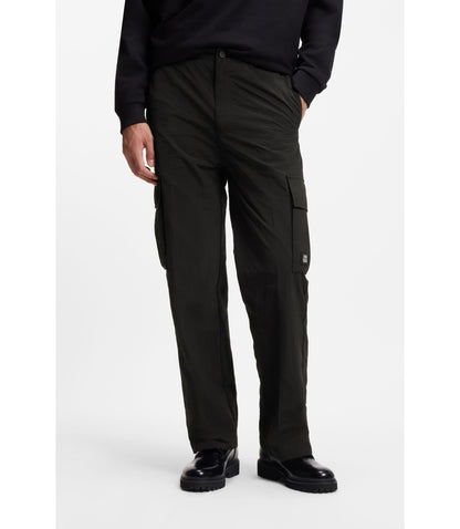 Hugo Straight Fit Cargo Trousers In Waxed Fabric Black