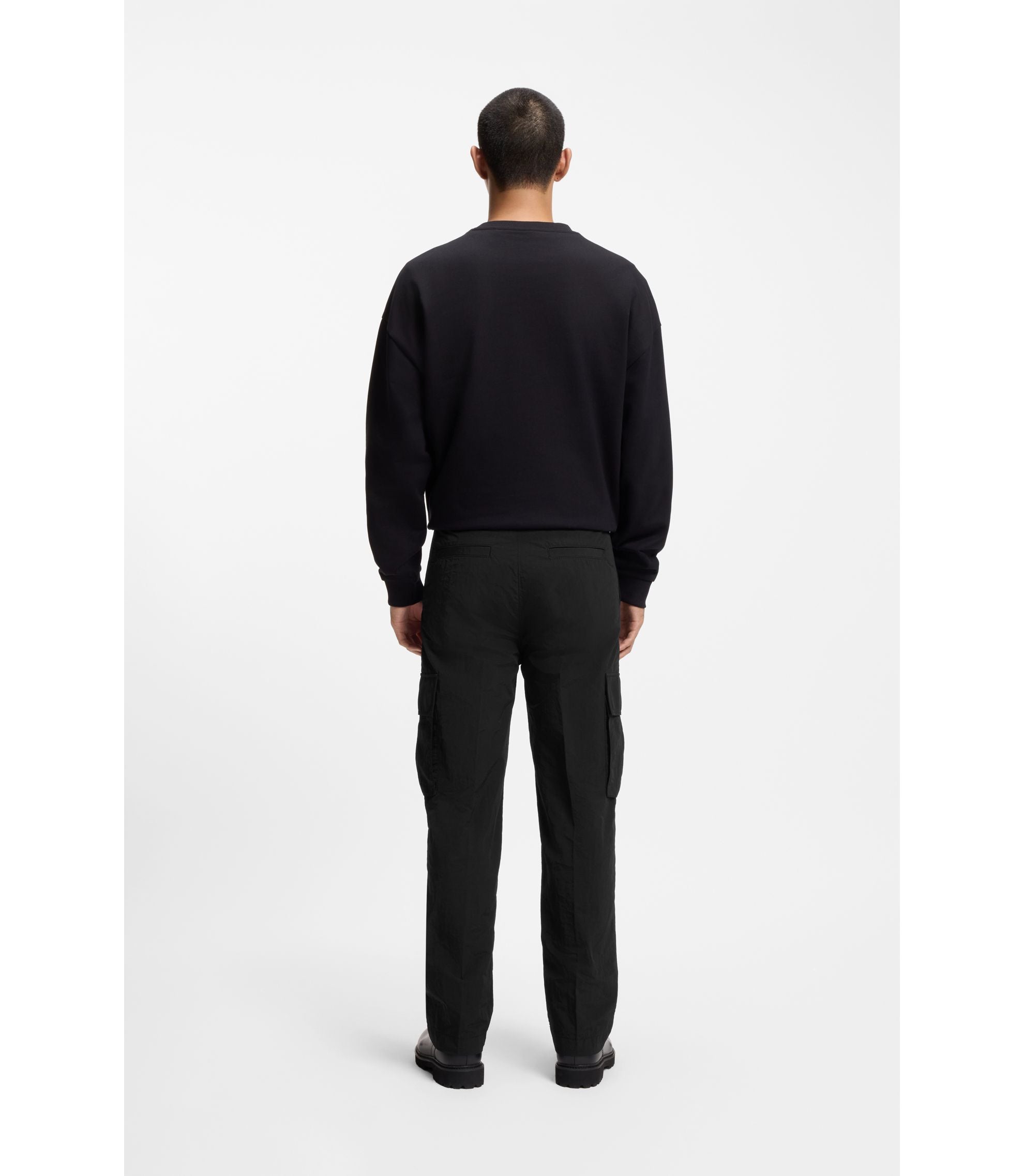 Hugo Straight Fit Cargo Trousers In Waxed Fabric Black