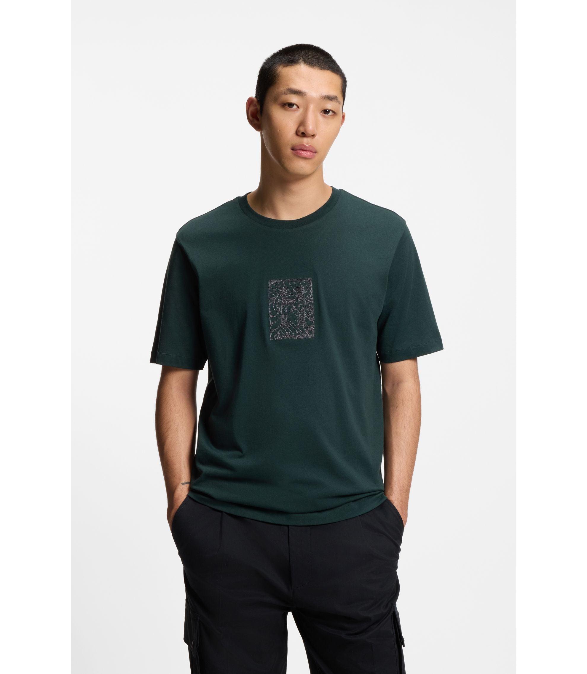 Hugo Embroidered Artwork T Shirt In Cotton Jersey Light Green