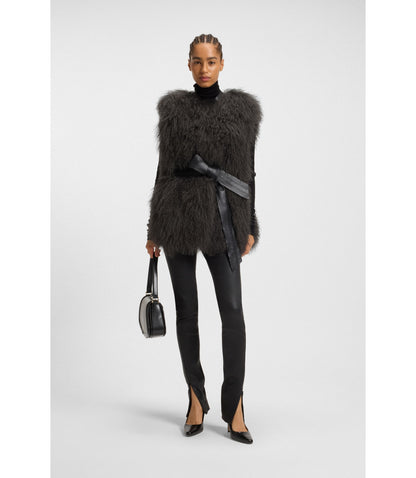 Boss Mongolian Shearling Gilet With Detachable Leather Belt Dark Grey Women's
