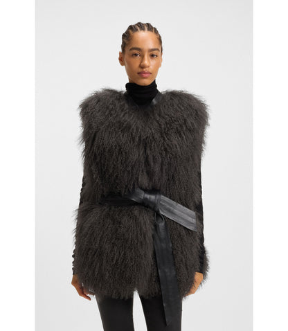 Boss Mongolian Shearling Gilet With Detachable Leather Belt Dark Grey Women's