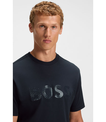 Boss Structured Logo T Shirt In Cotton Jersey Dark Blue