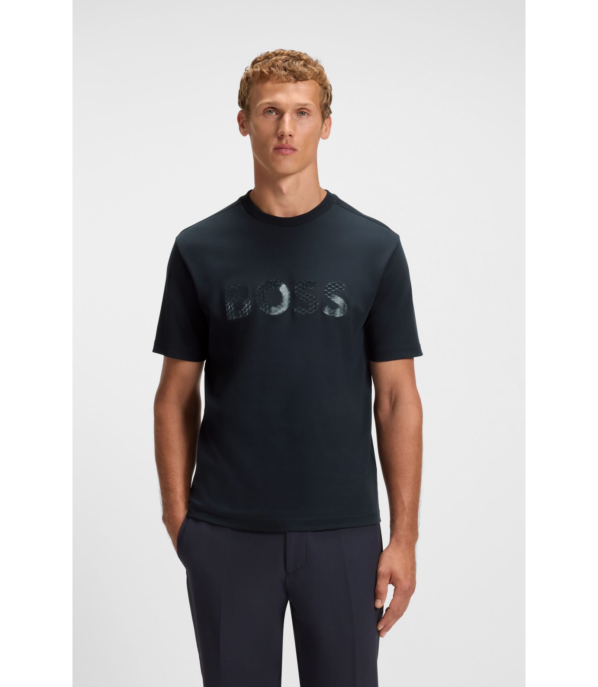 Boss Structured Logo T Shirt In Cotton Jersey Dark Blue