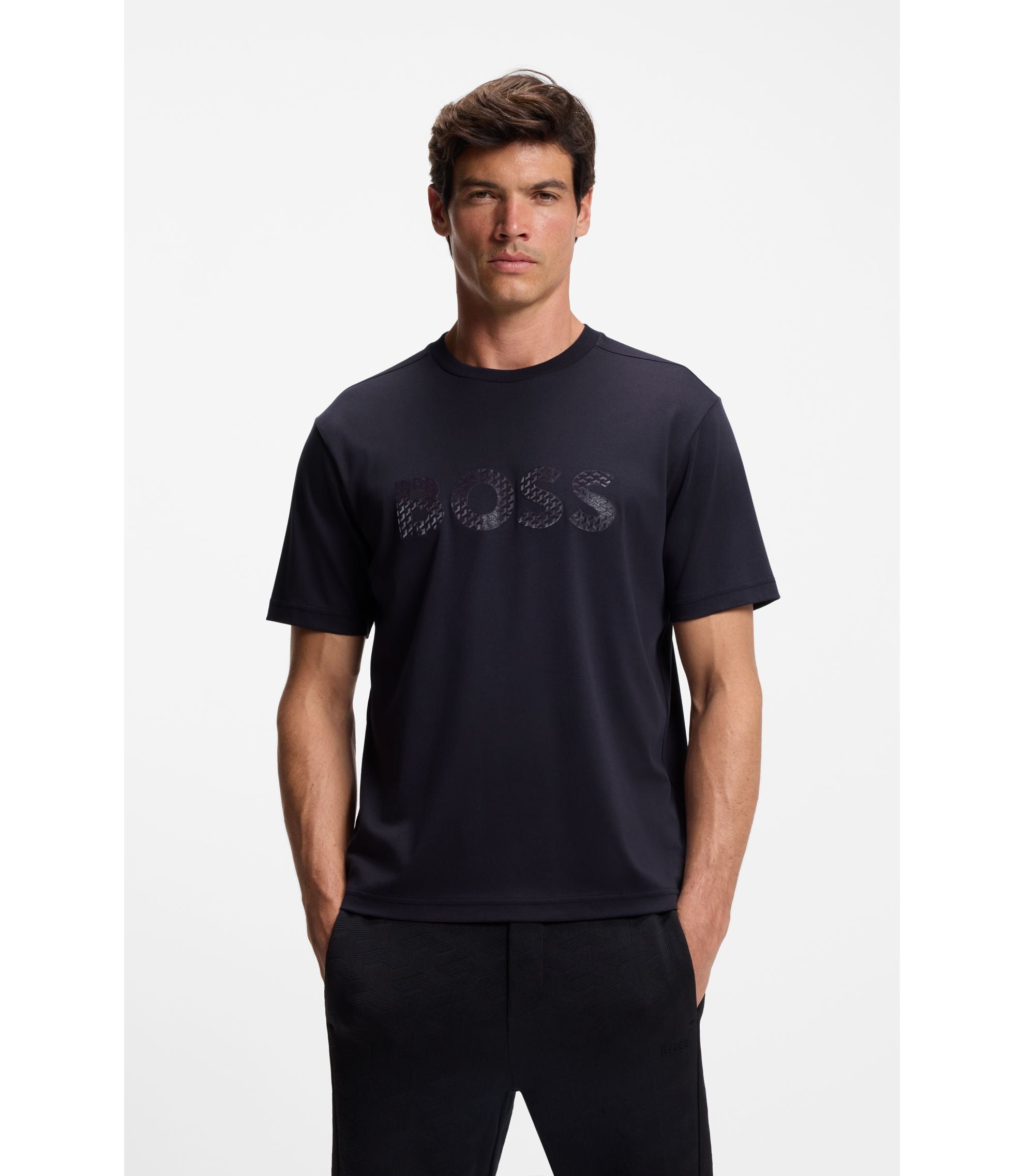 Boss Structured Logo T Shirt In Cotton Jersey Purple