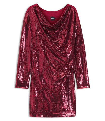 Boss Sequin Dress With Draped Neckline Dark Red Women's