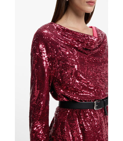 Boss Sequin Dress With Draped Neckline Dark Red Women's