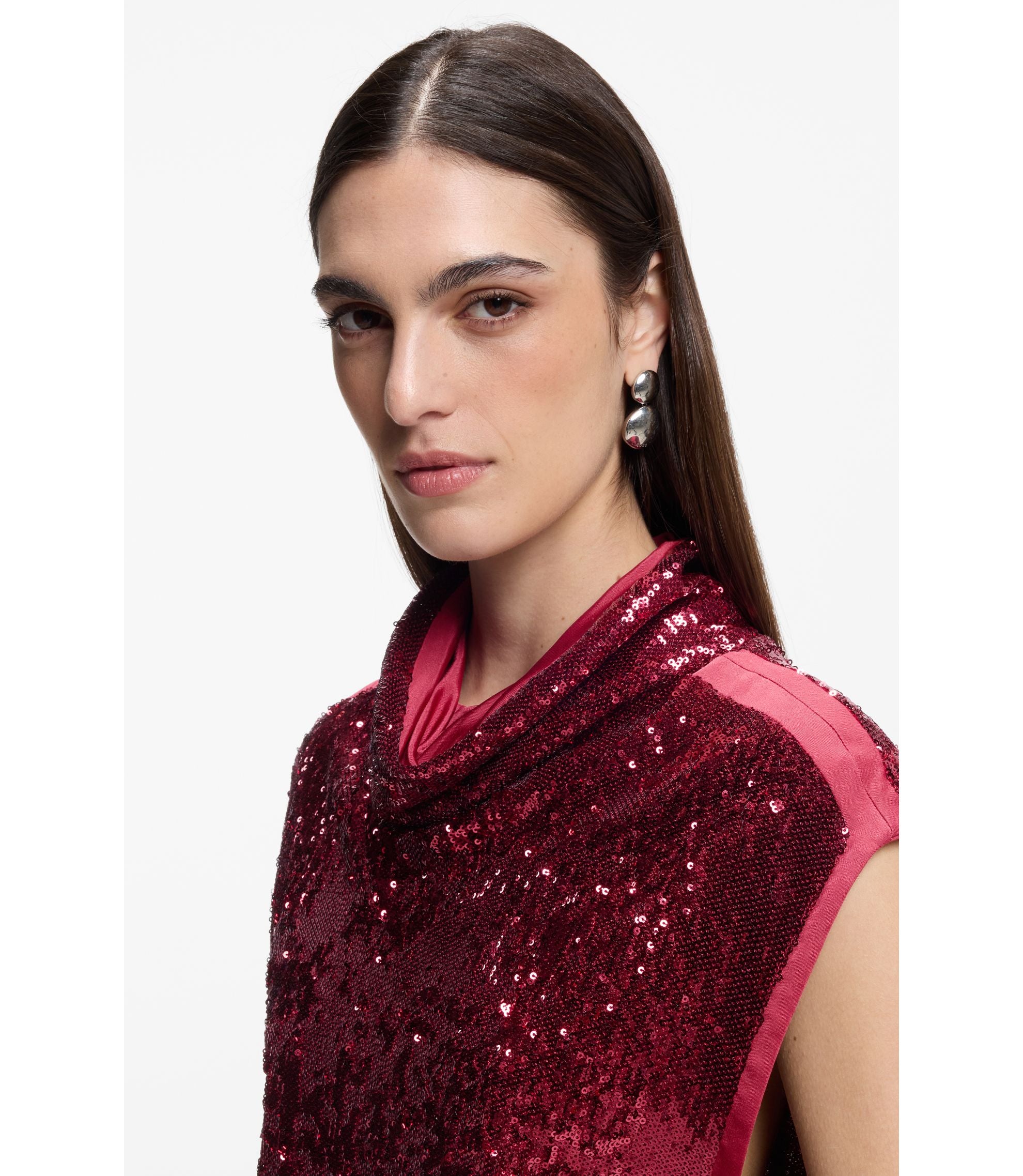 Boss Sequin Top With Draped Funnel Neckline Dark Red Women's