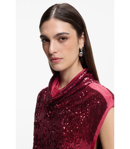 Boss Sequin Top With Draped Funnel Neckline Dark Red Women's