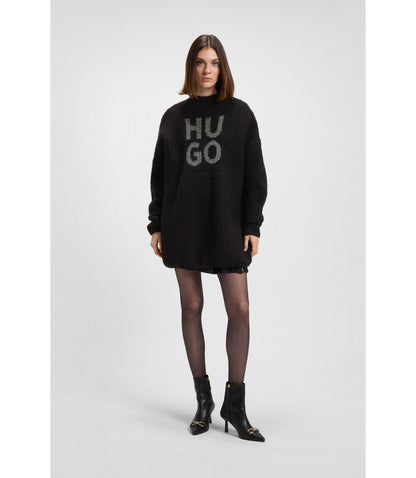 Hugo Knitted Sweater With Sparkling Stacked Logo Black Women's
