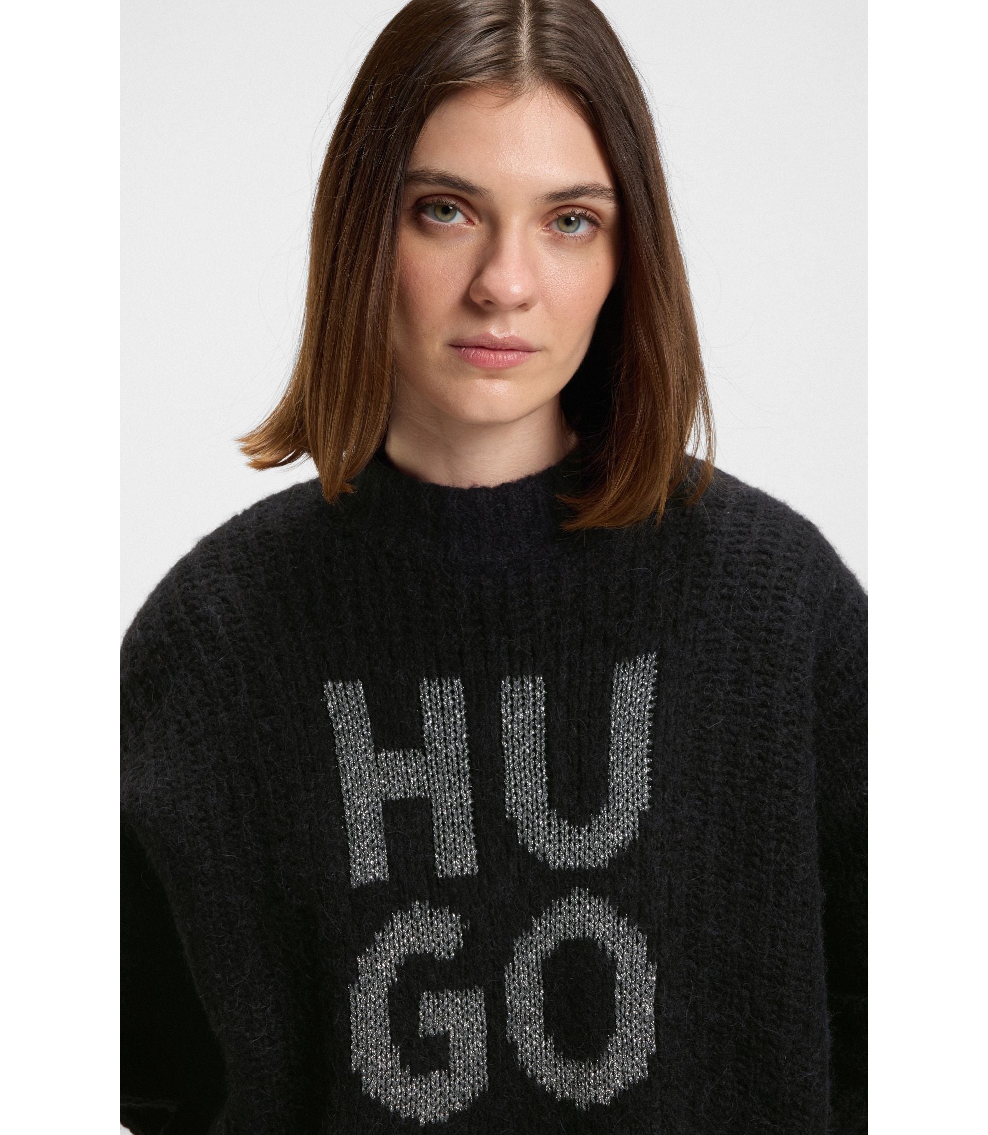 Hugo Knitted Sweater With Sparkling Stacked Logo Black Women's