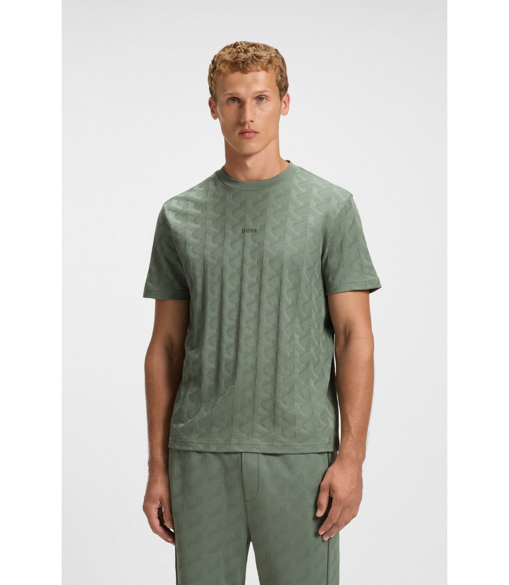 Boss Jacquard Pattern T Shirt In Cotton Light Green