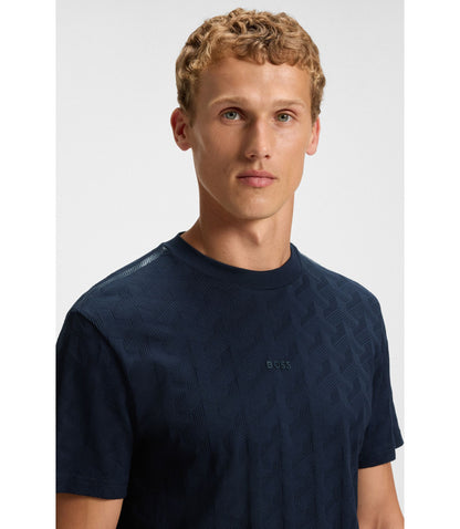 Boss Jacquard Pattern T Shirt In Cotton Dark Blue