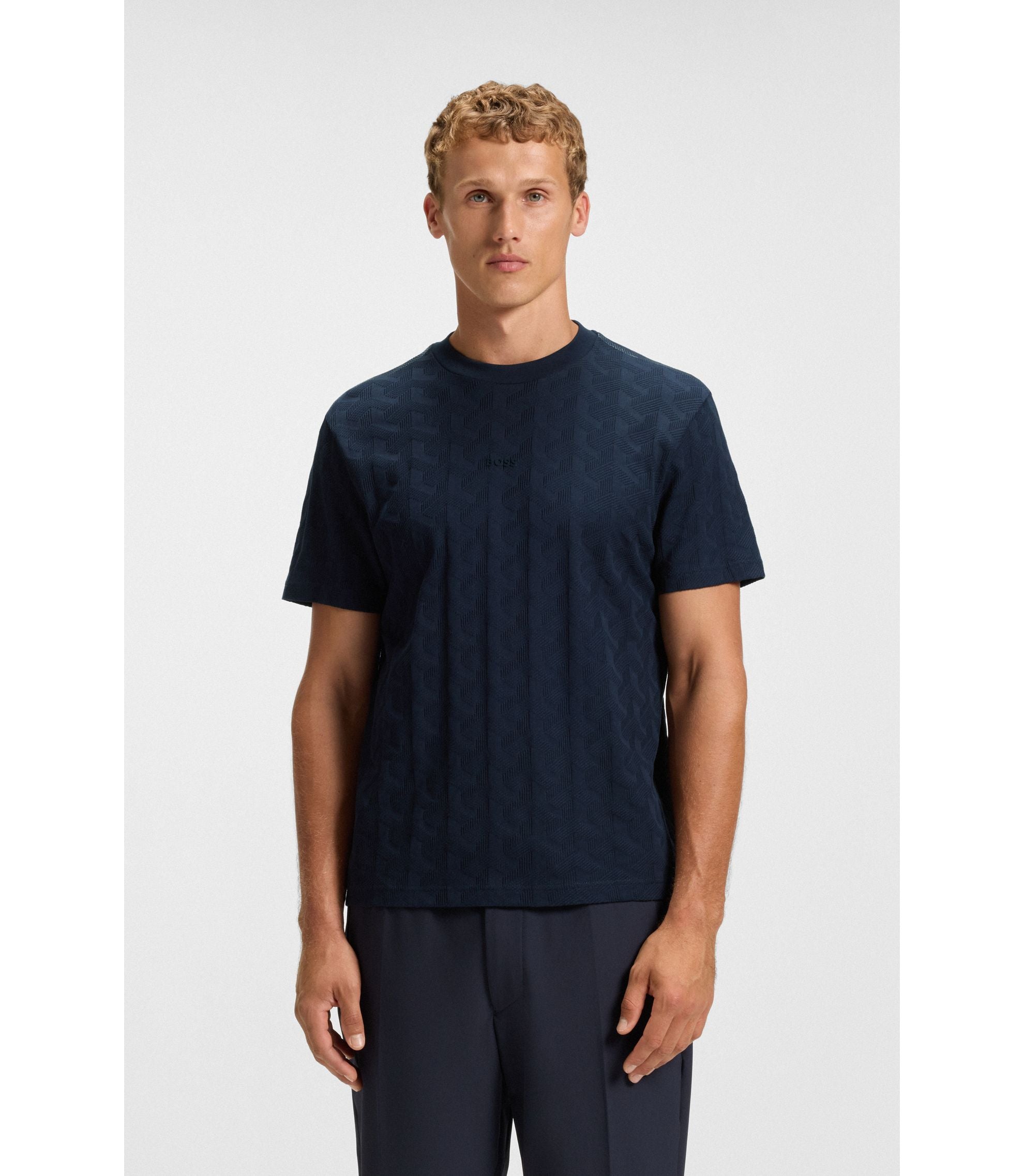 Boss Jacquard Pattern T Shirt In Cotton Dark Blue