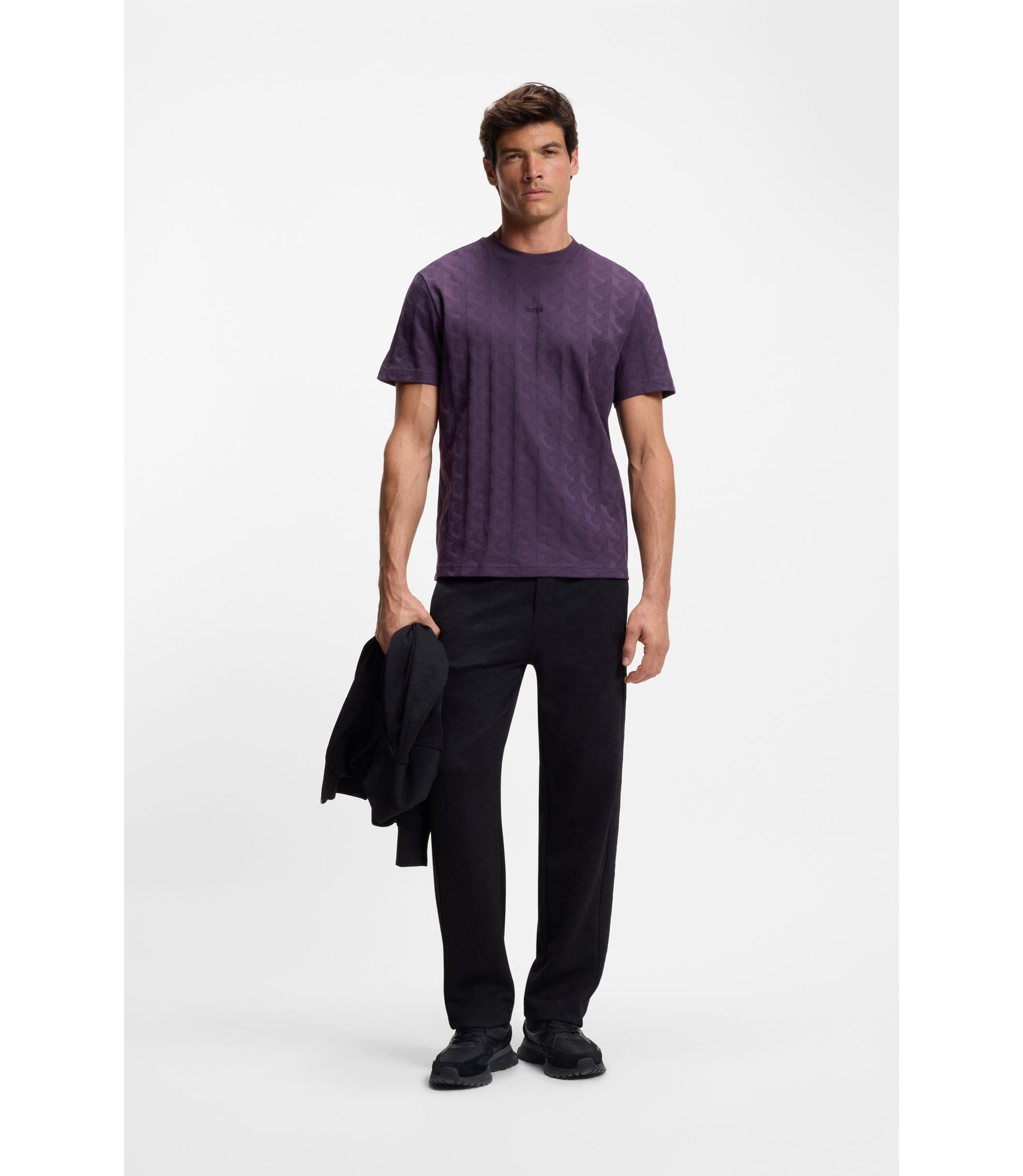 Boss Jacquard Pattern T Shirt In Cotton Purple