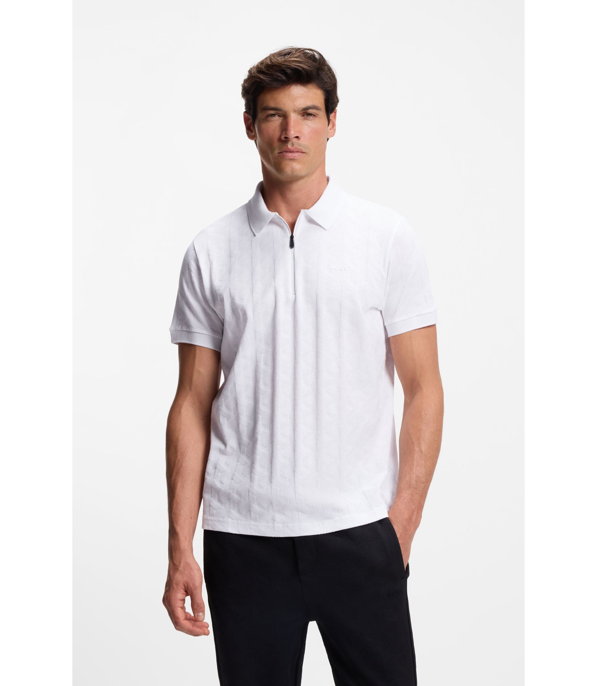 Boss Jacquard Pattern Polo Shirt In Mercerised Cotton White