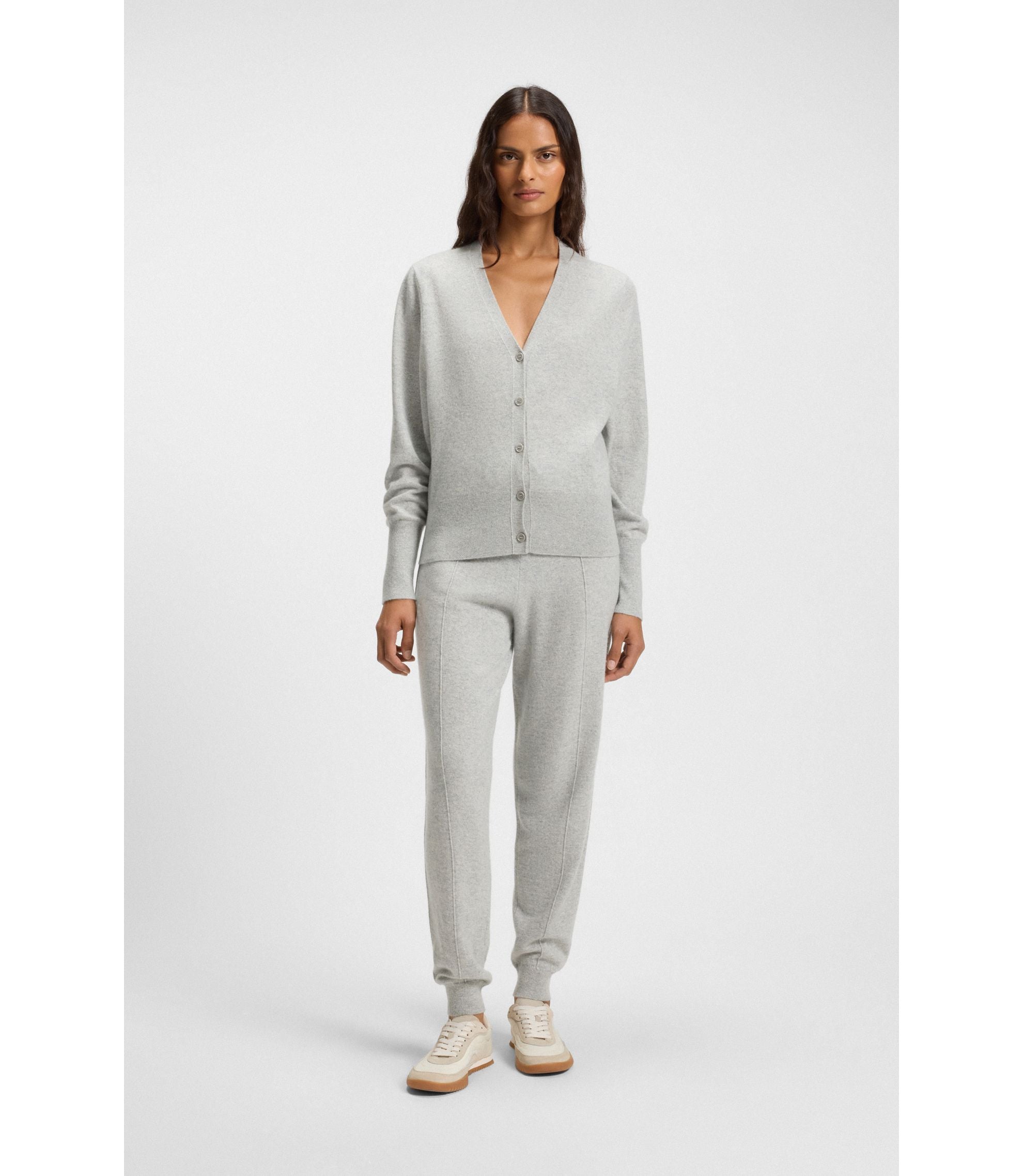 Boss Ribbed Trim Cardigan In Cashmere Light Grey Women's