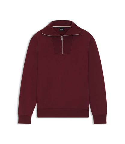 Boss Peached Cotton Sweatshirt With Ribbed Zip Neck Dark Red