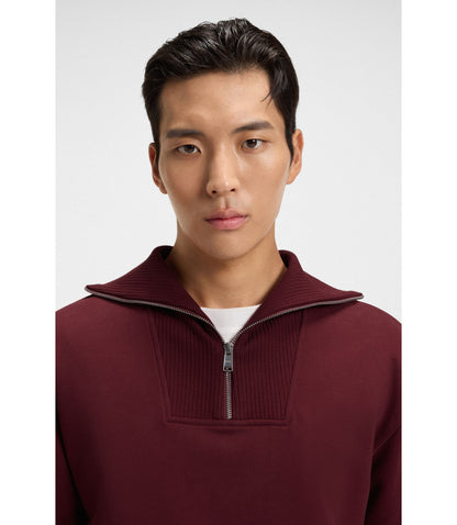 Boss Peached Cotton Sweatshirt With Ribbed Zip Neck Dark Red