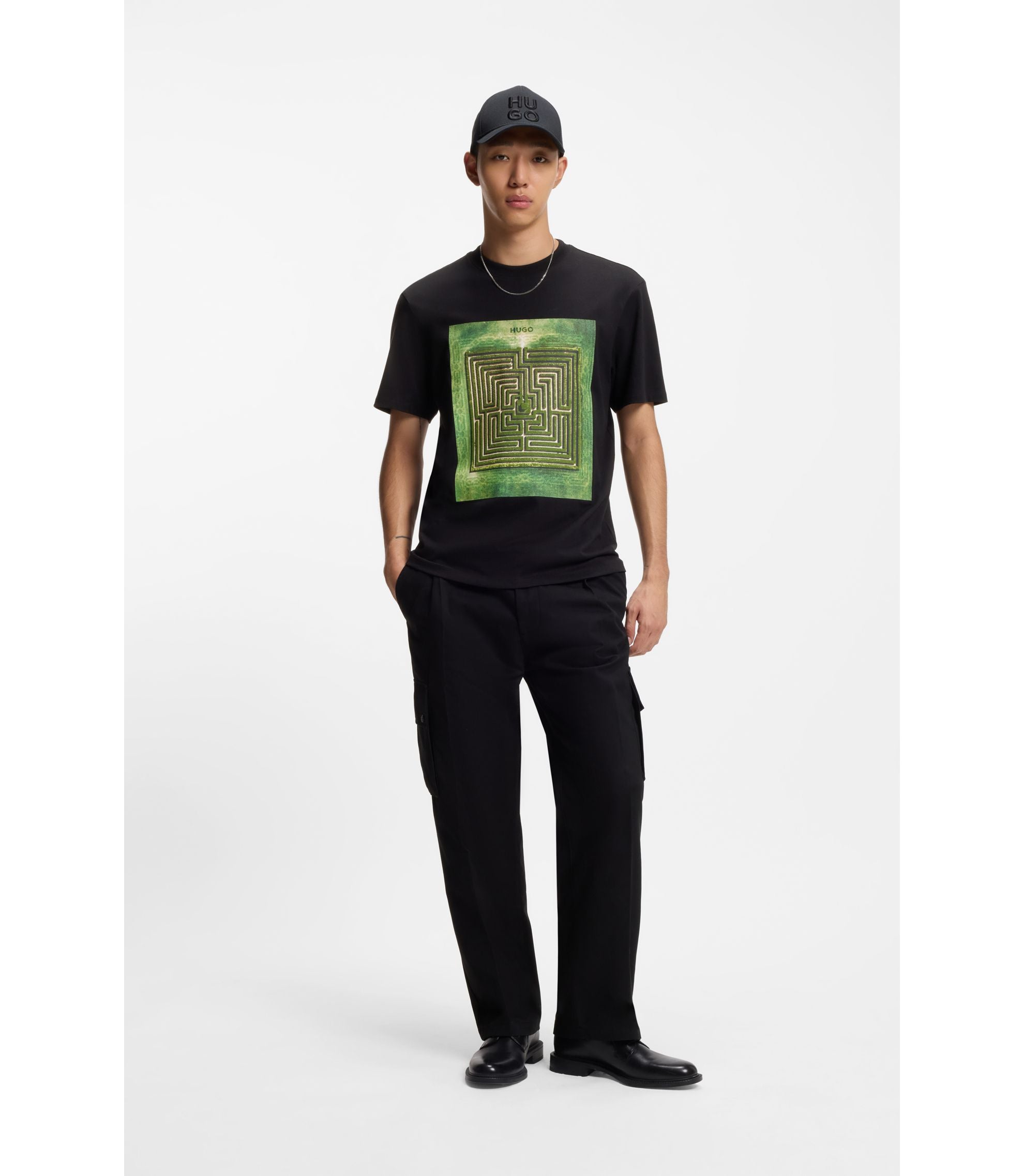 Hugo Maze Print T Shirt In Cotton Jersey Black
