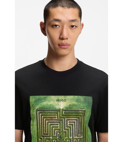 Hugo Maze Print T Shirt In Cotton Jersey Black