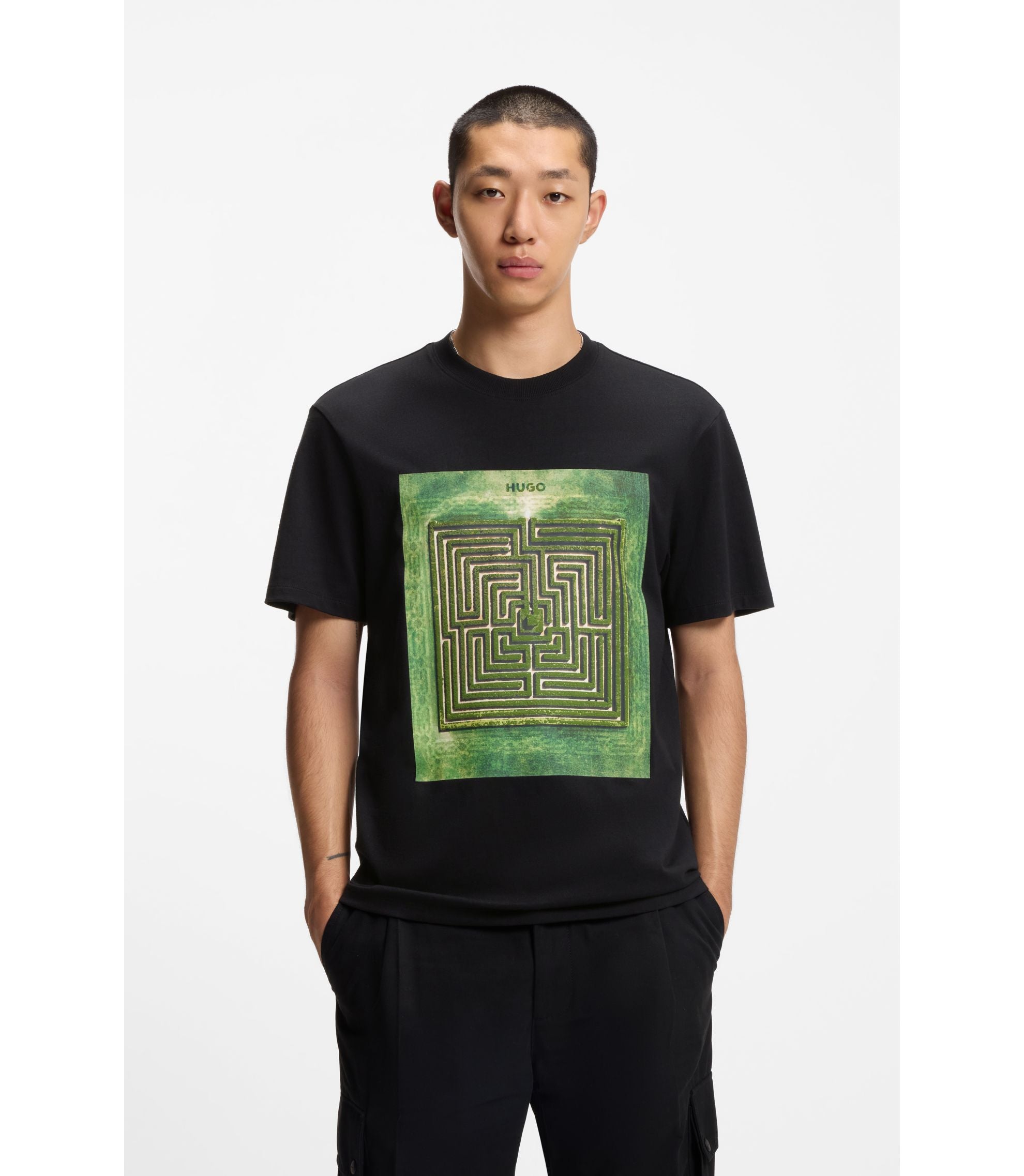 Hugo Maze Print T Shirt In Cotton Jersey Black