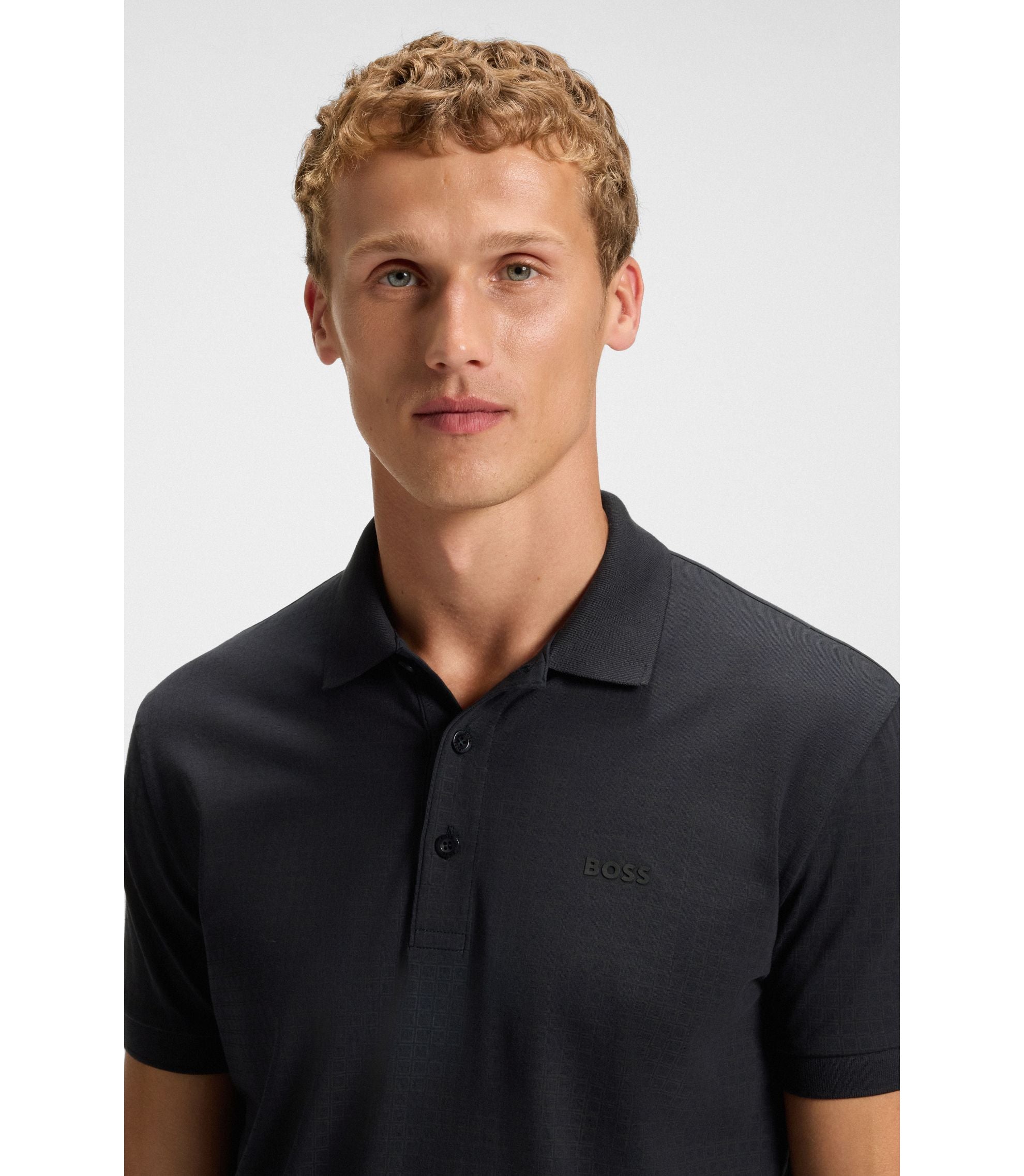 Boss Stretch Cotton Polo Shirt With All Over Print Dark Blue