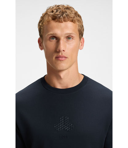 Boss Tonal Artwork T Shirt In Interlock Cotton Dark Blue