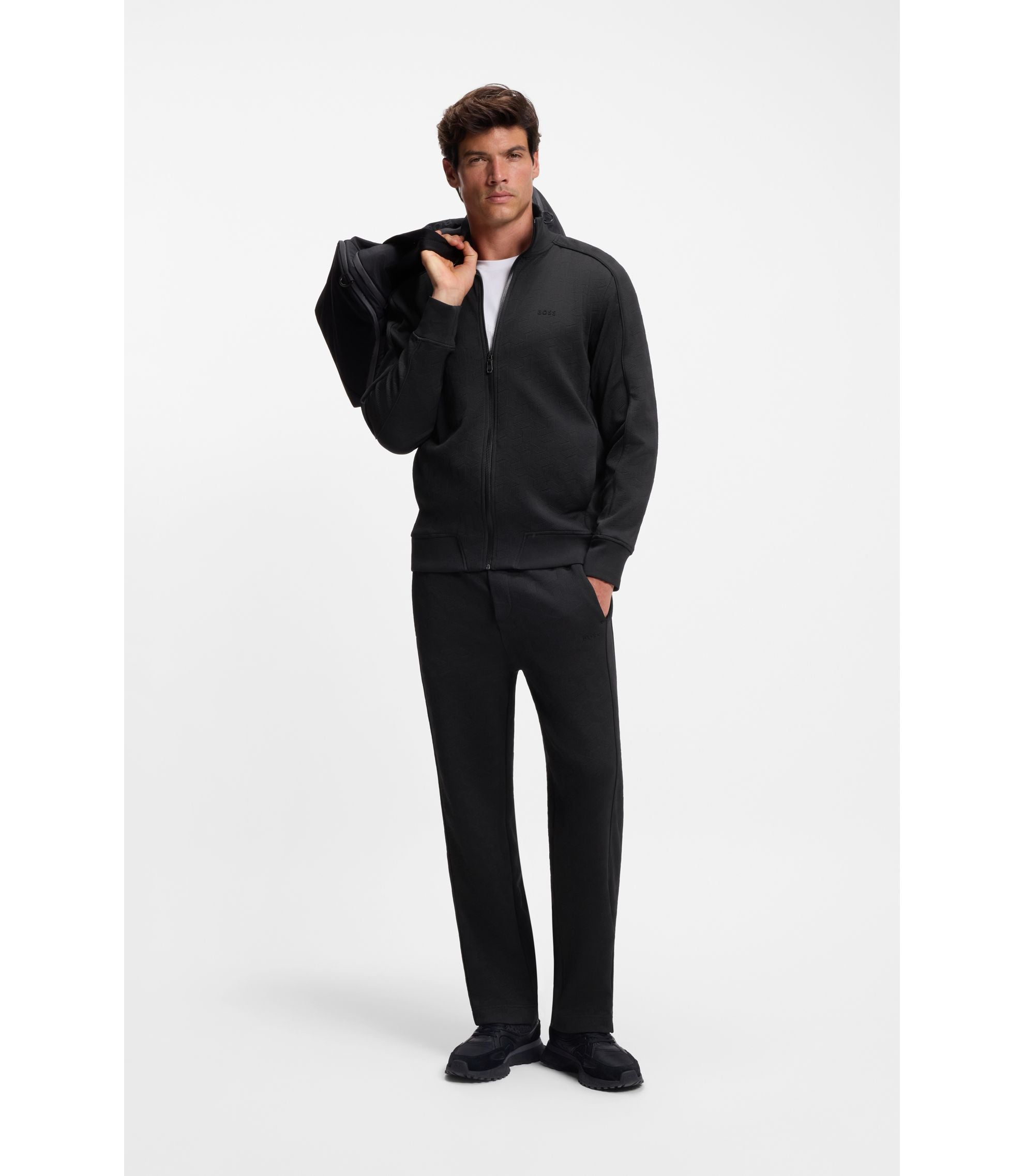 Boss Quilted Jacquard Zip Up Sweatshirt In A Regular Fit Black