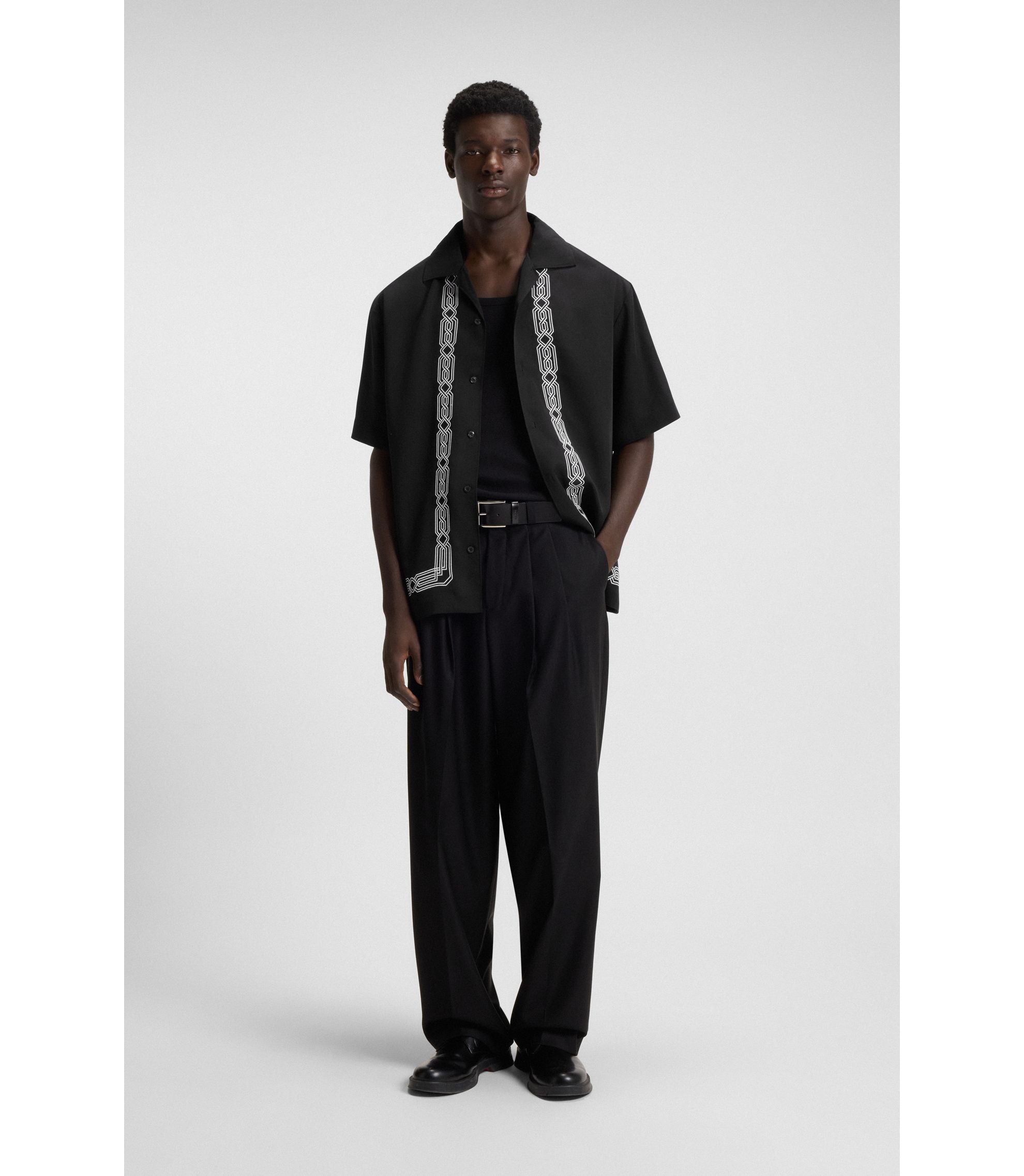 Hugo Oversized Fit Shirt With Embroidered Pattern Black