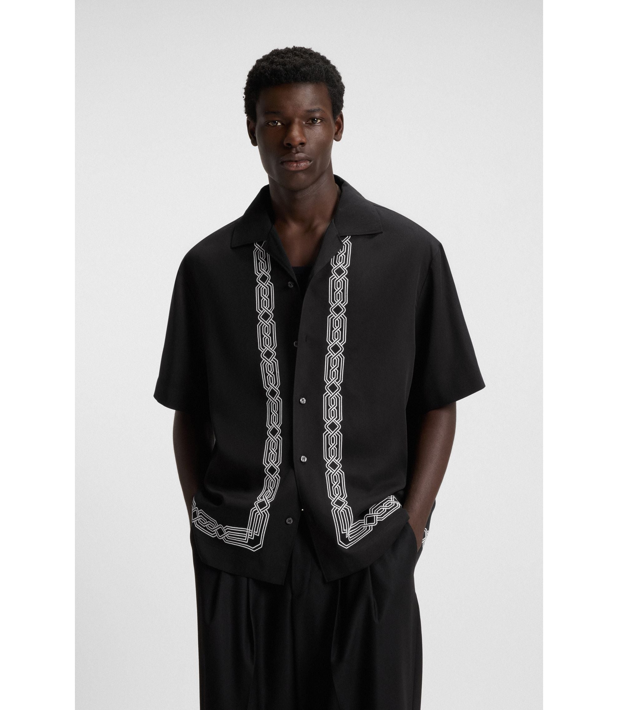 Hugo Oversized Fit Shirt With Embroidered Pattern Black