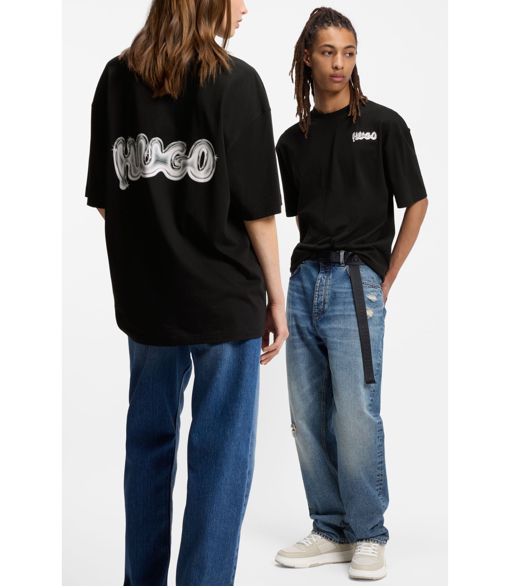 Hugo Logo Print T Shirt In Cotton Jersey Black