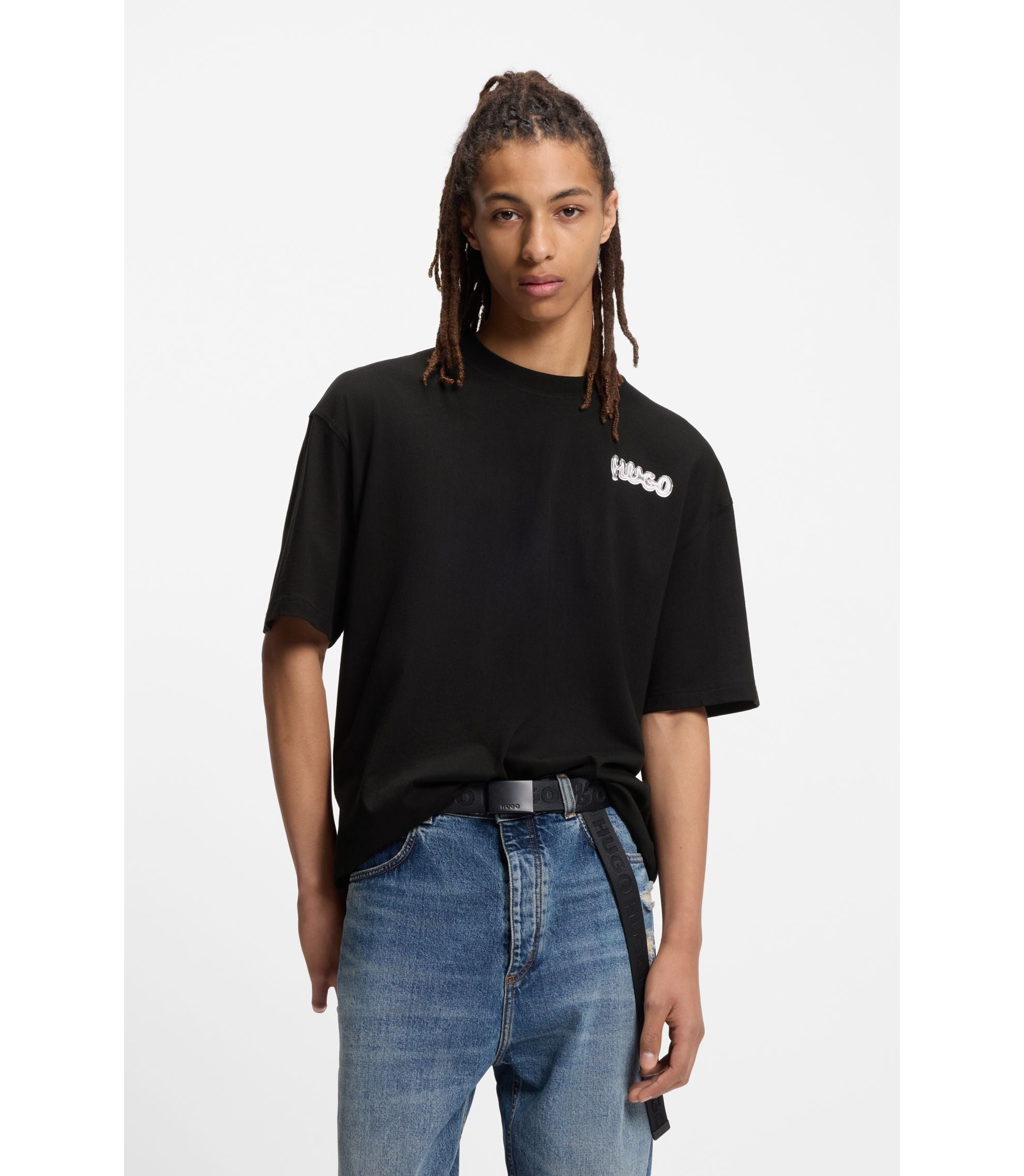 Hugo Logo Print T Shirt In Cotton Jersey Black