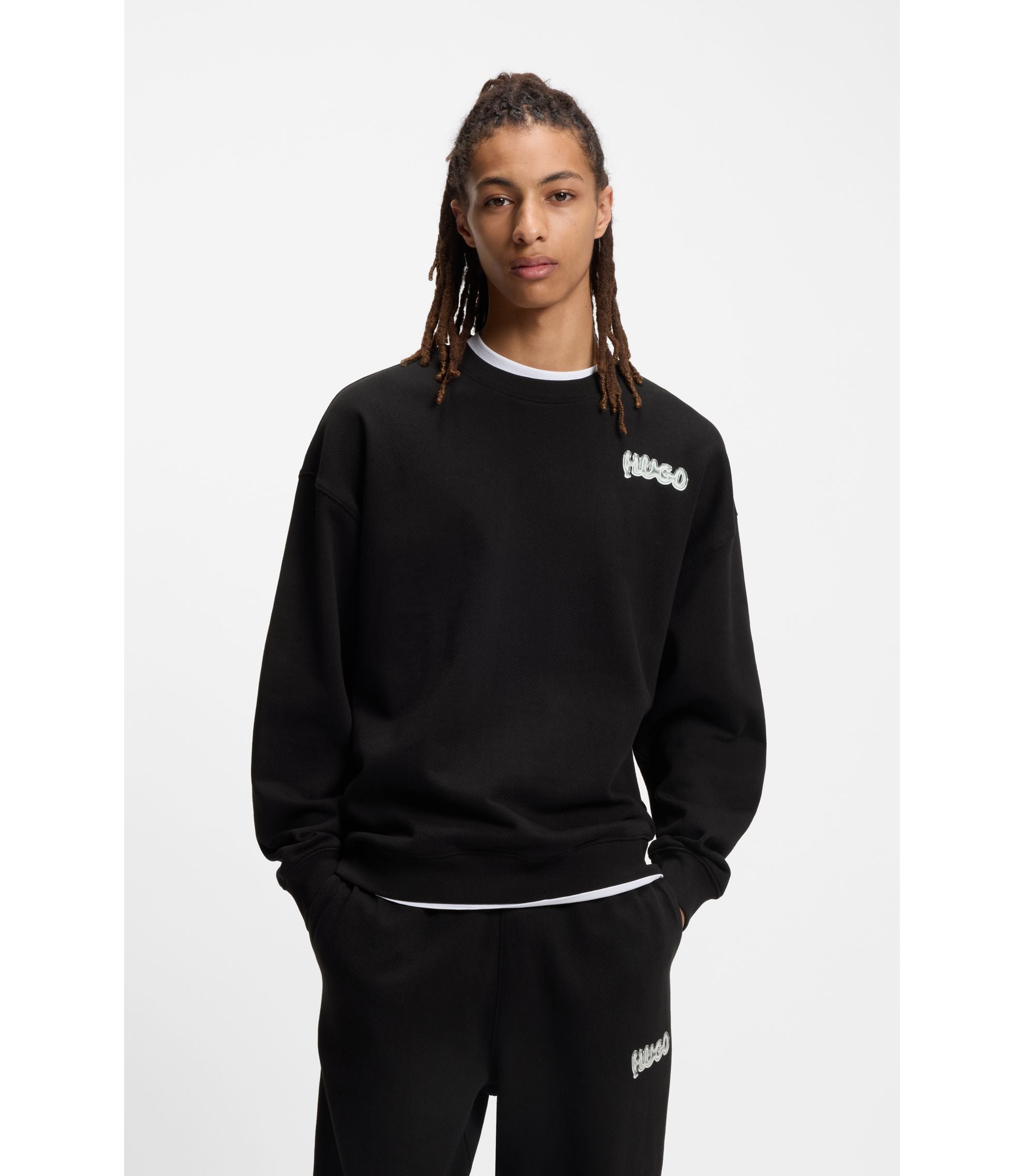 Hugo Logo Print Sweatshirt In Cotton Terry Black