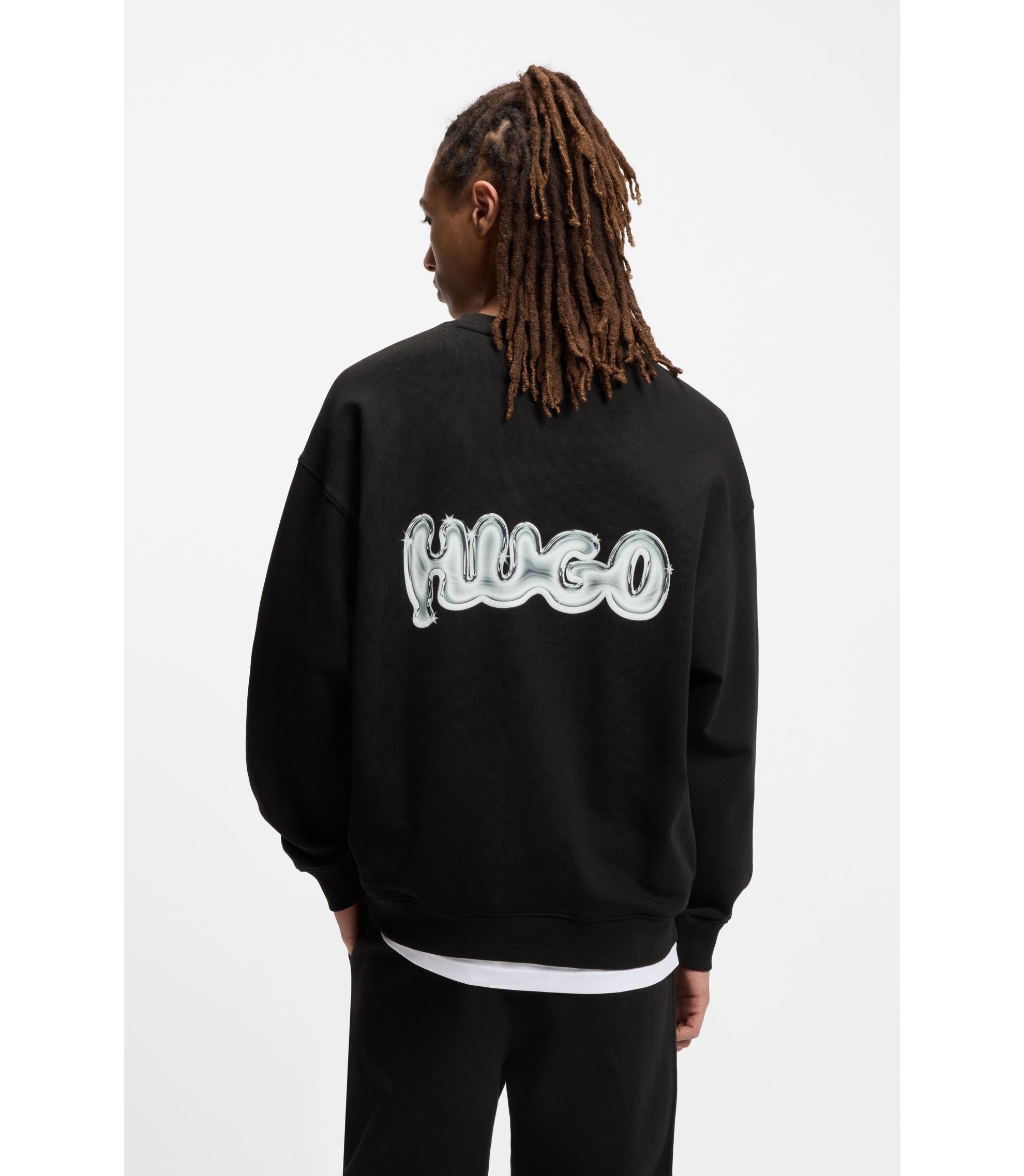 Hugo Logo Print Sweatshirt In Cotton Terry Black