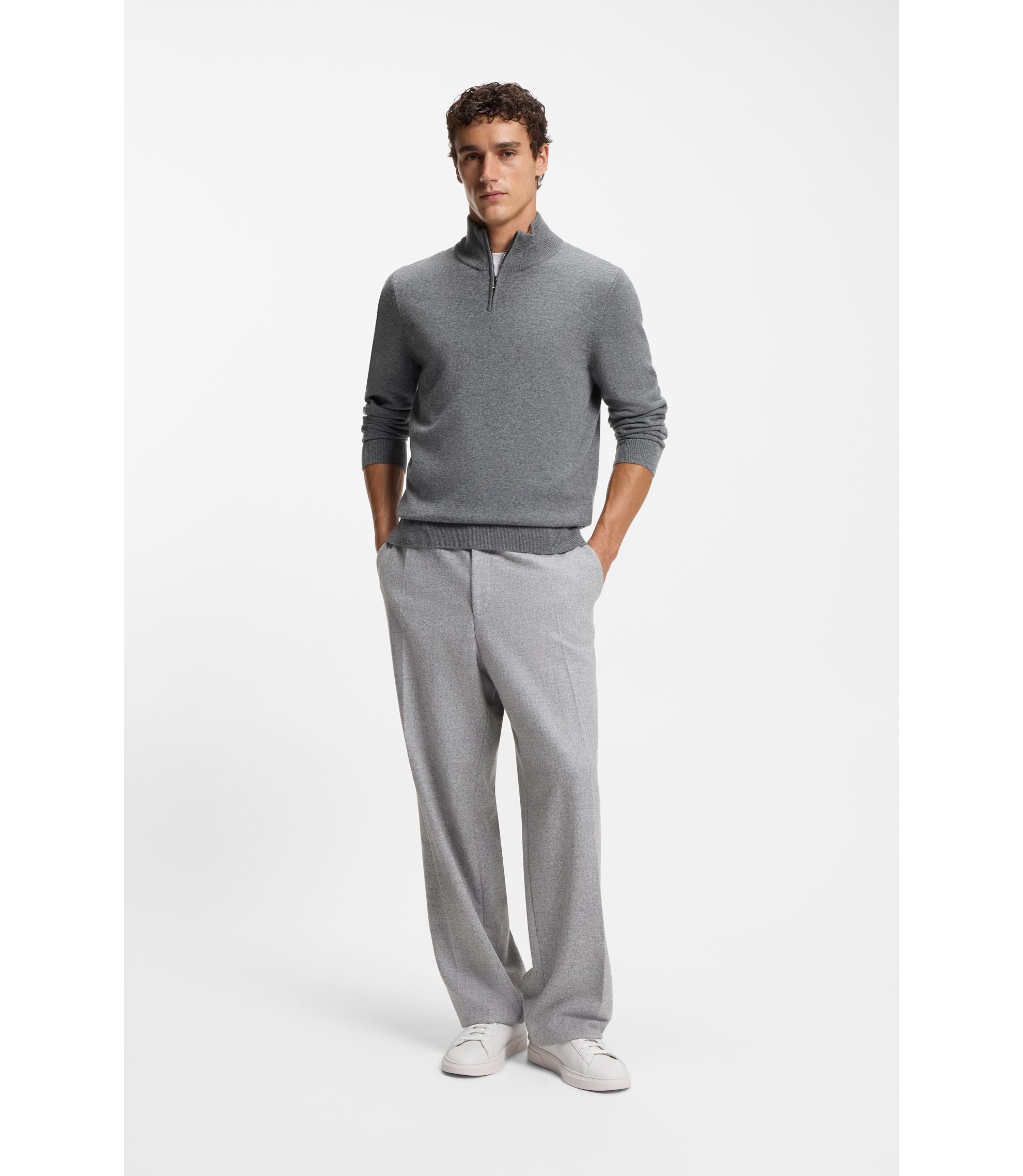 Boss Wool Cashmere Sweater With Zip Neck Grey