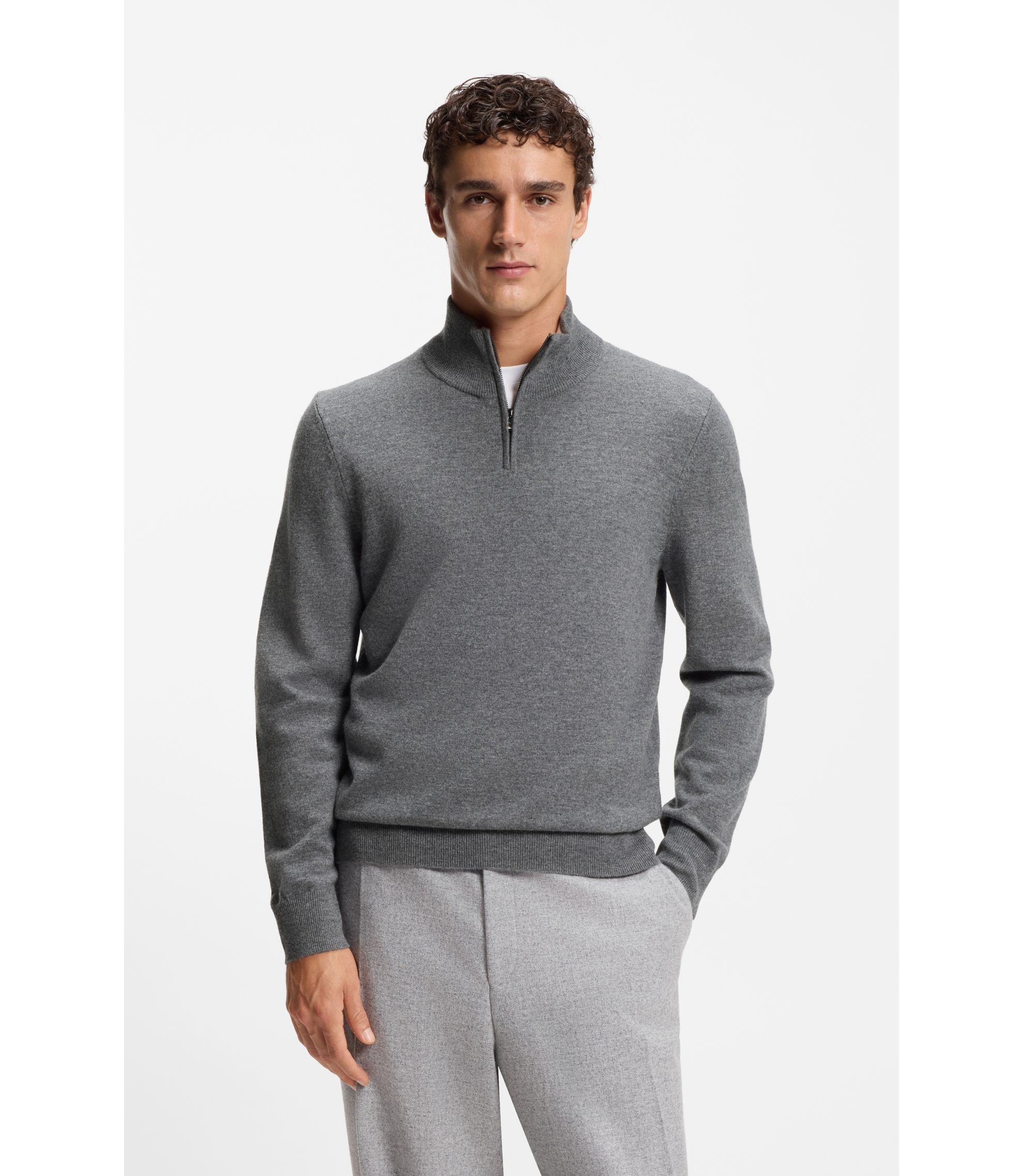 Boss Wool Cashmere Sweater With Zip Neck Grey