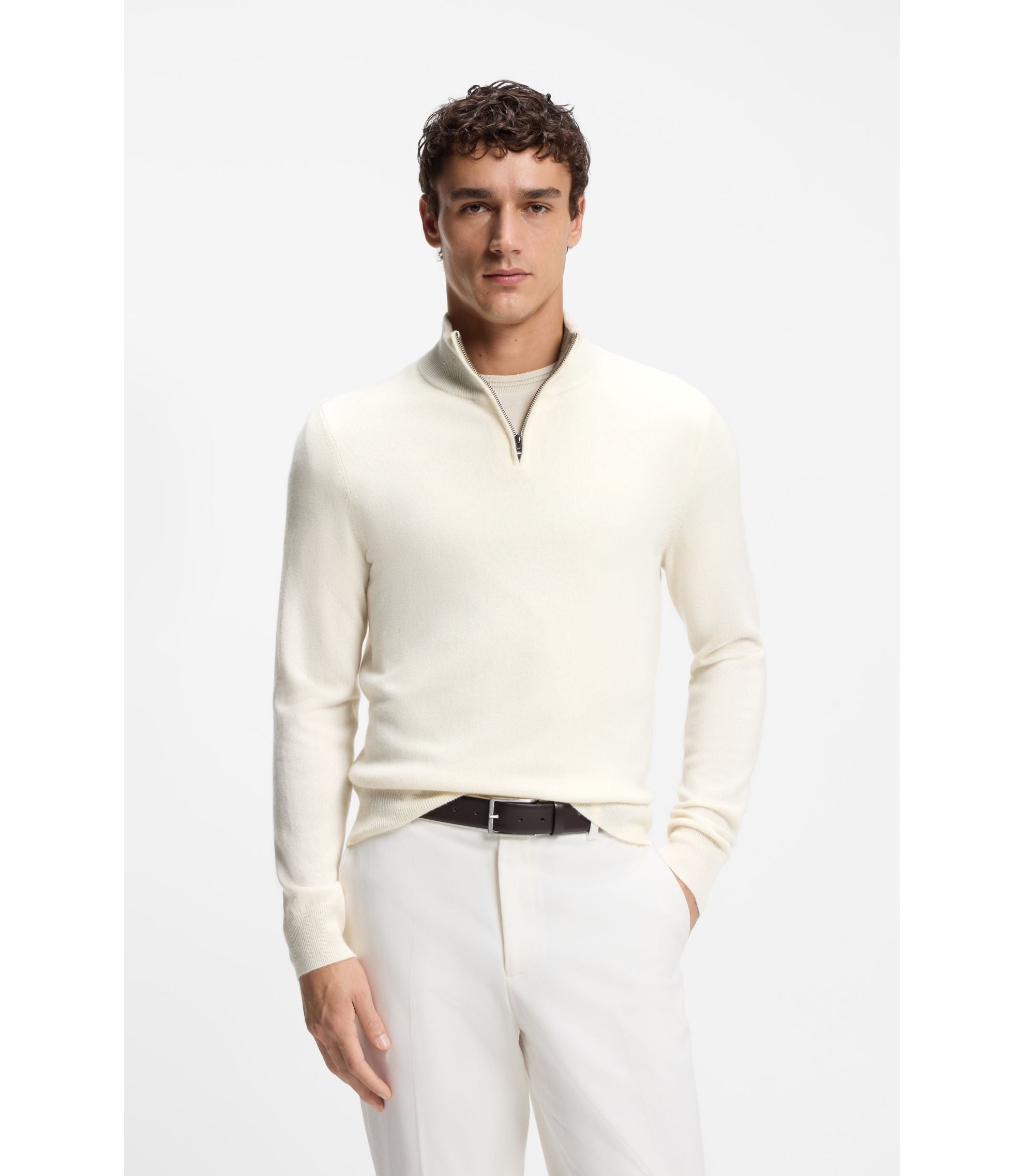 Boss Wool Cashmere Sweater With Zip Neck White
