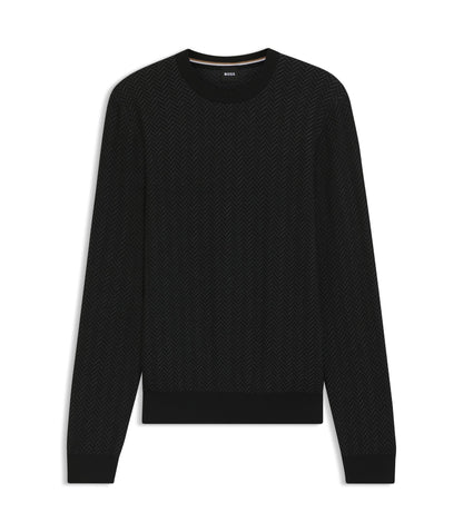 Boss Herringbone Pattern Sweater In Wool And Cotton Black