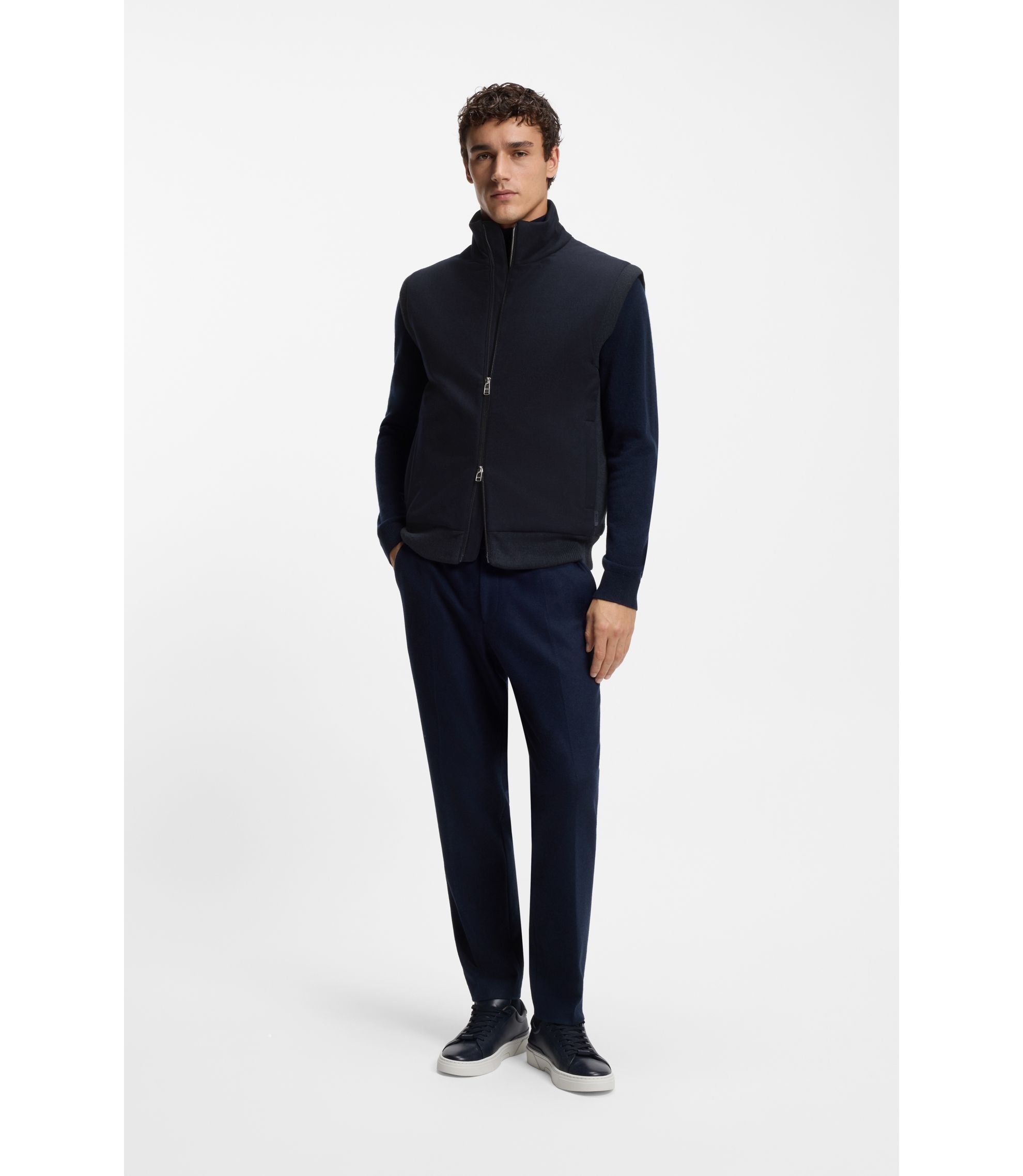 Boss Flannel Gilet With Ribbed Trims Dark Blue