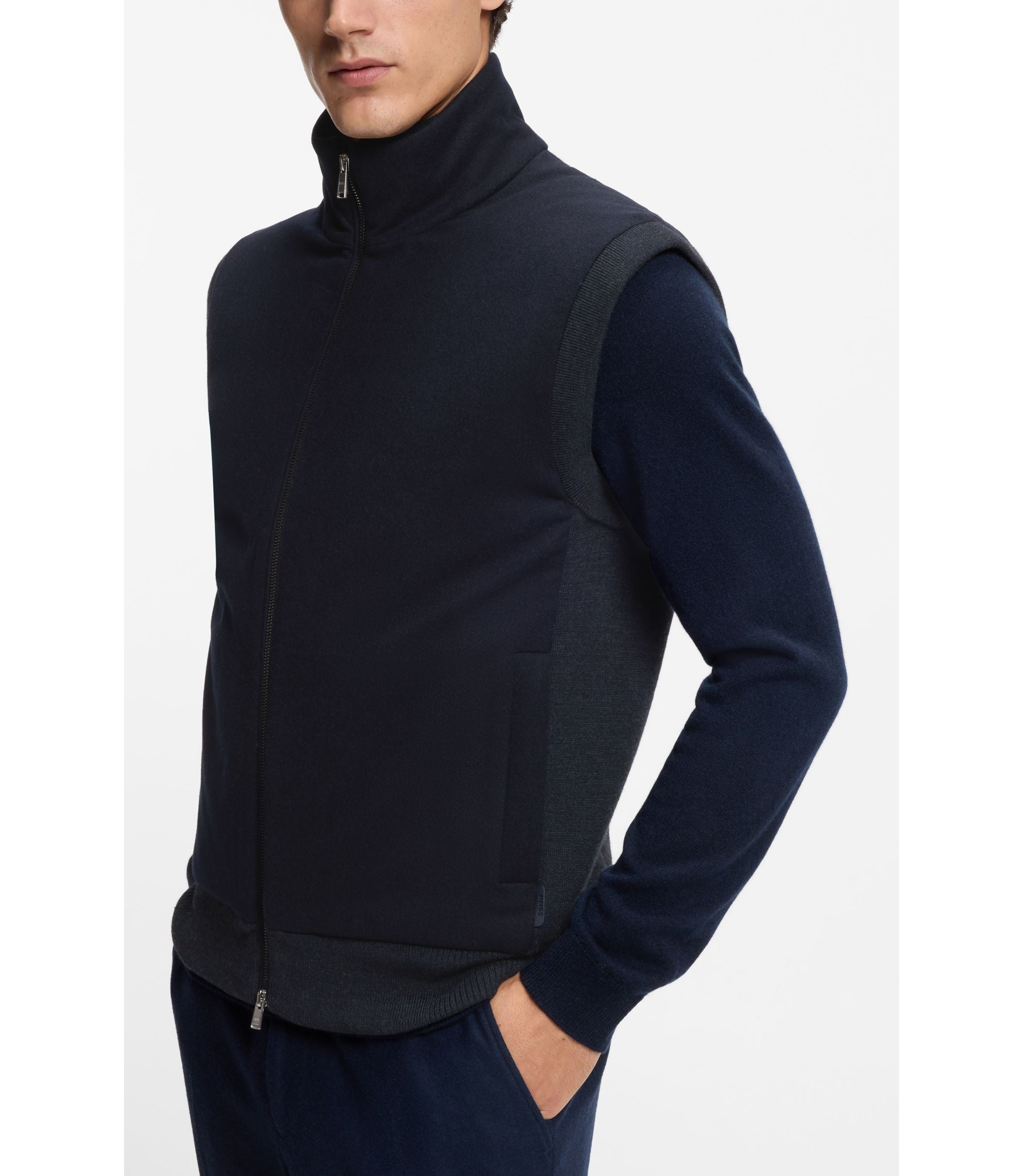 Boss Flannel Gilet With Ribbed Trims Dark Blue