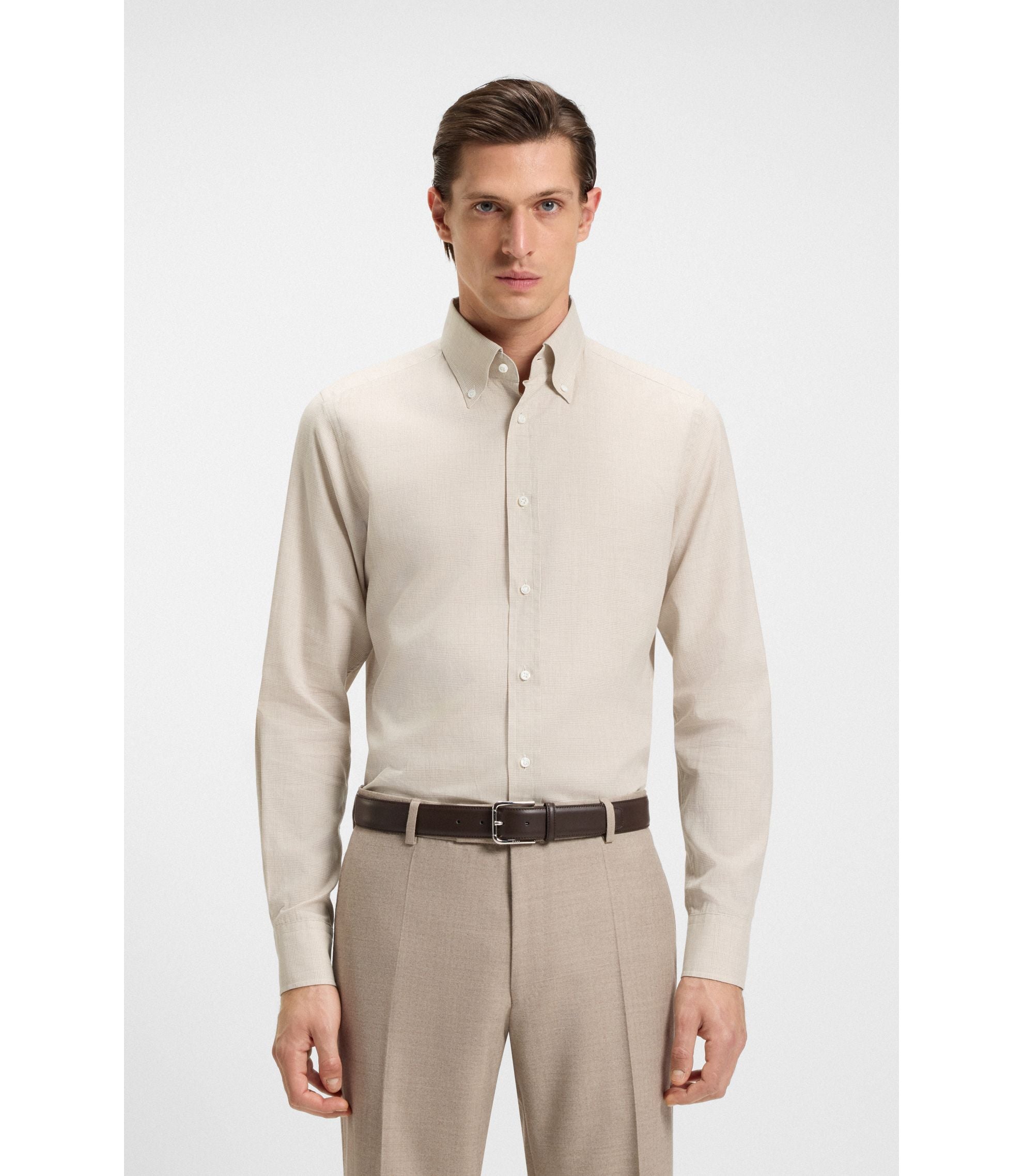 Boss Checked Slim Fit Shirt In Cotton Flannel Light Beige