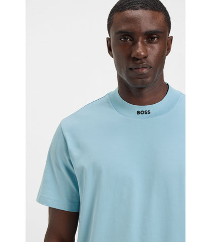 Boss Logo Collar T Shirt In Stretch Cotton Light Blue