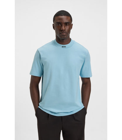 Boss Logo Collar T Shirt In Stretch Cotton Light Blue