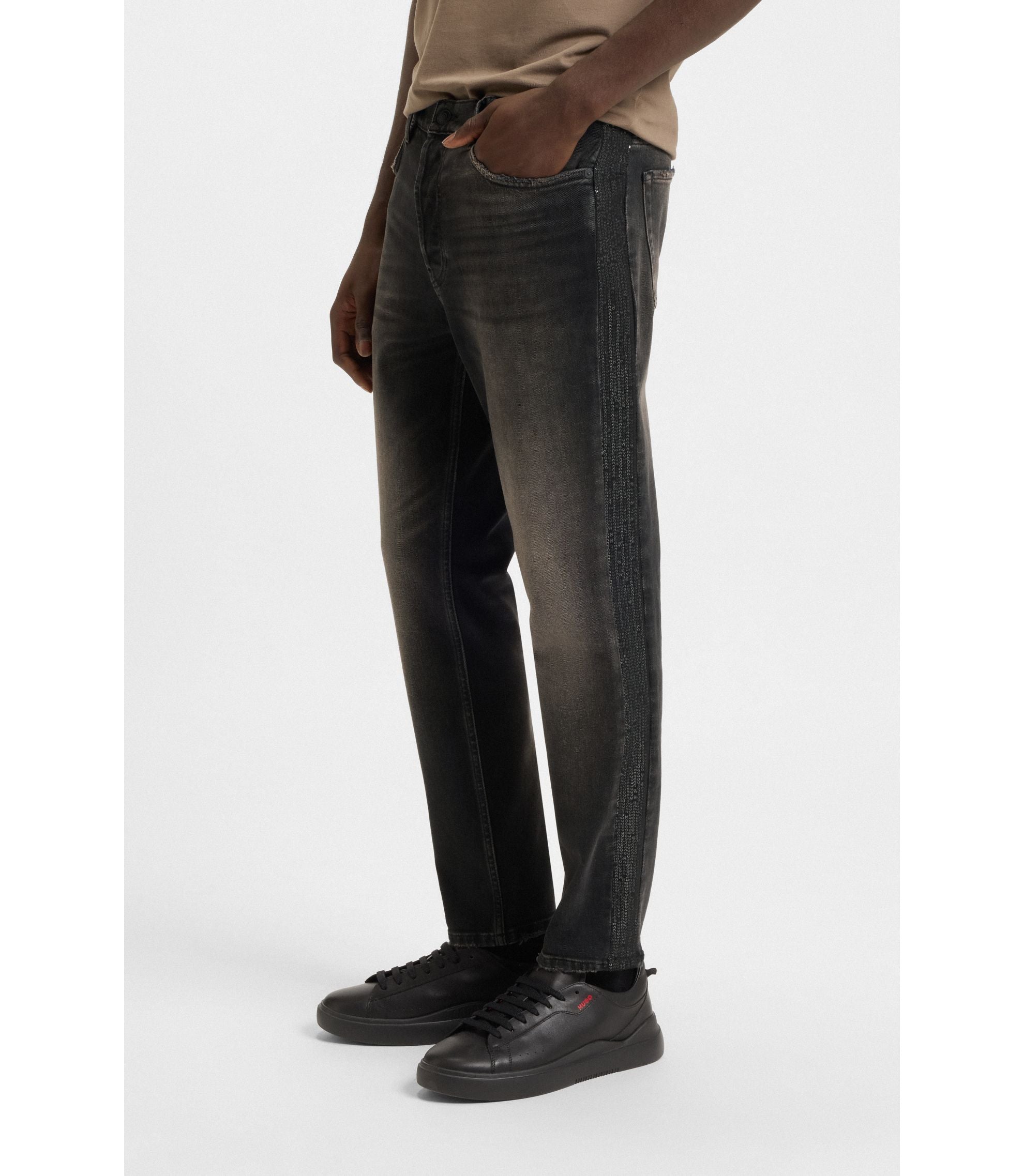 Hugo Grey Tapered Fit Jeans In Stretch Denim Dark Grey