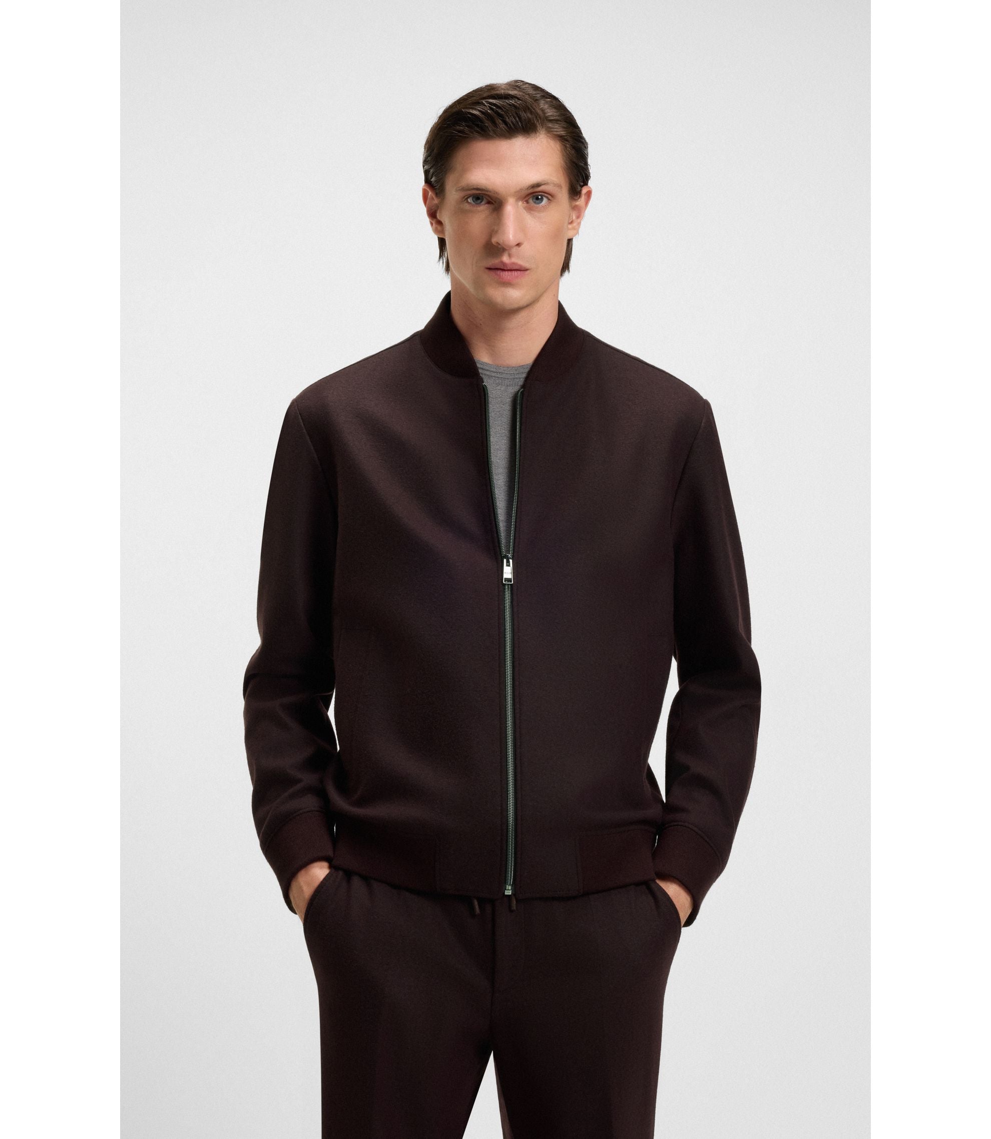 Boss Brushed Slim Fit Jacket In Stretch Flannel Dark Red