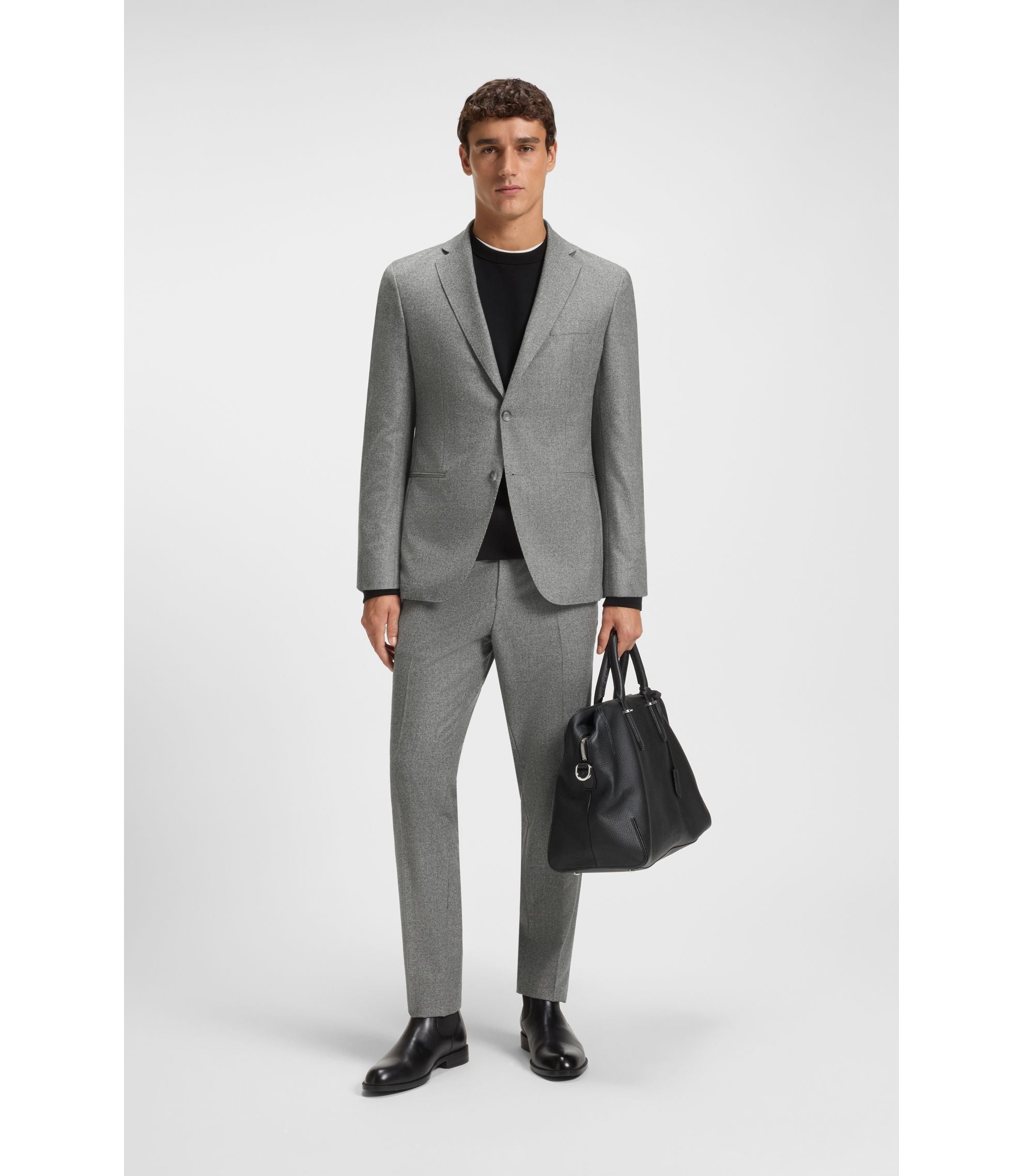 Boss Micro Patterned Slim Fit Trousers In Virgin Wool Silver