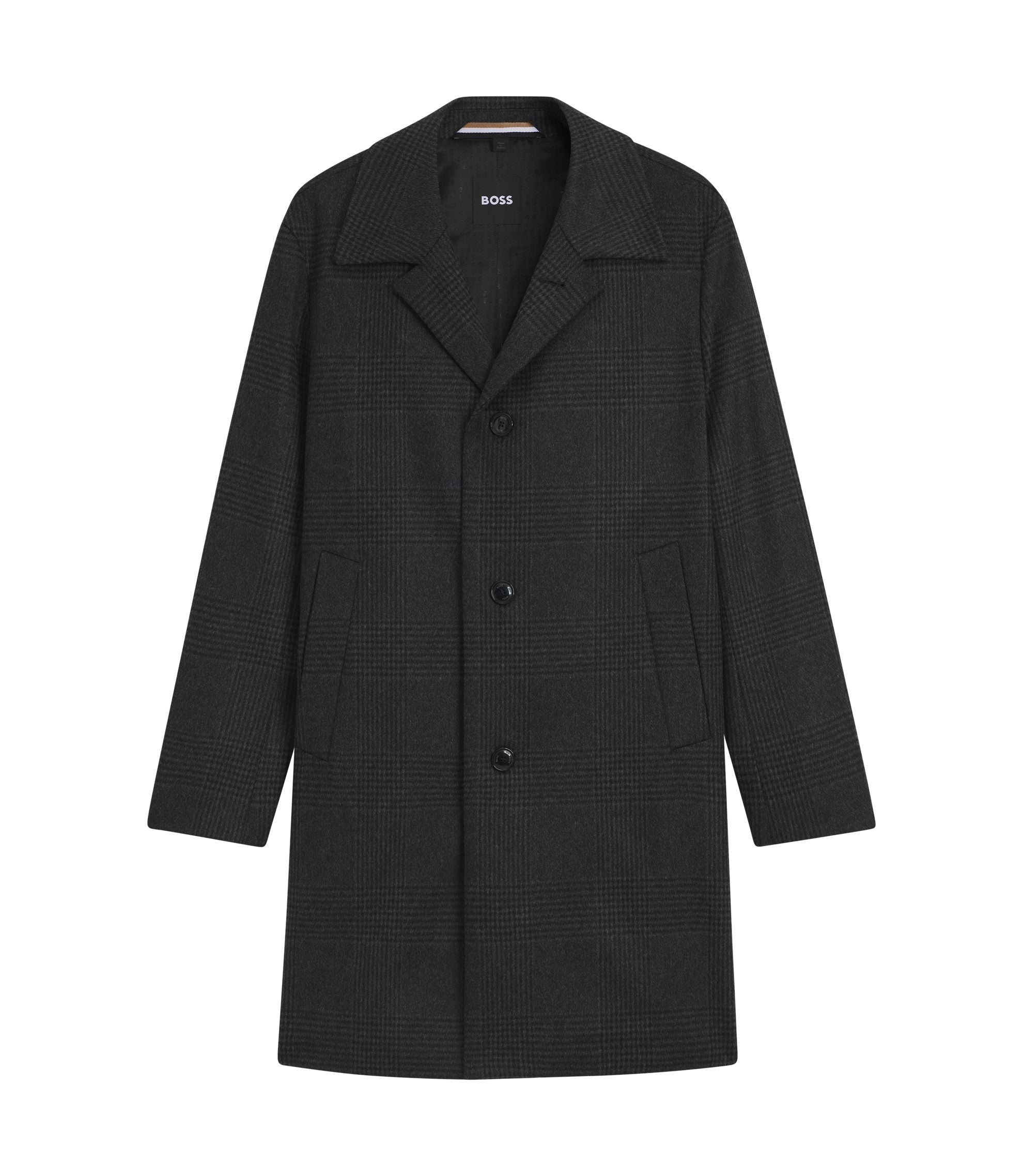 Boss Checked Relaxed Fit Coat In Wool And Cashmere Black
