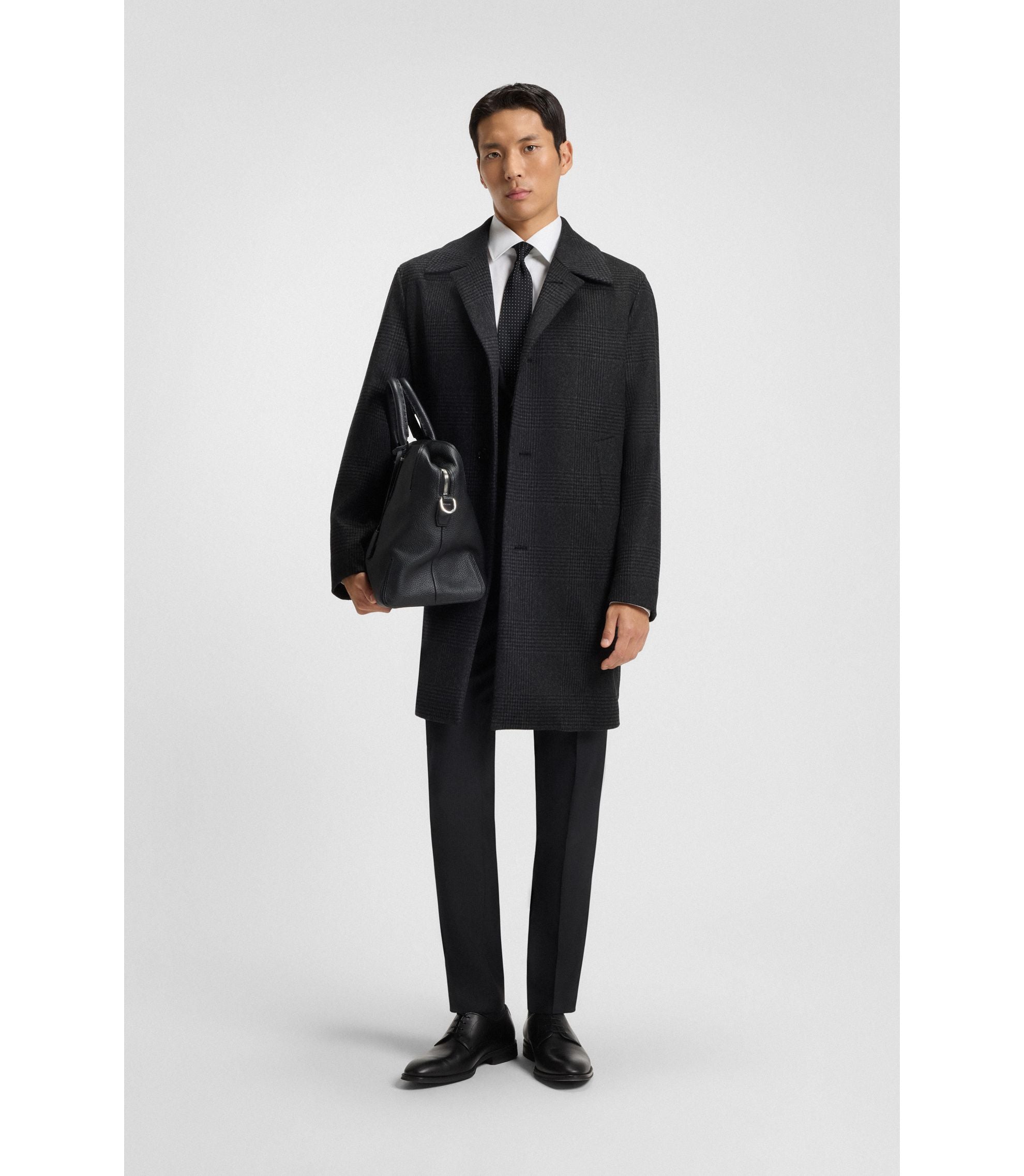 Boss Checked Relaxed Fit Coat In Wool And Cashmere Black