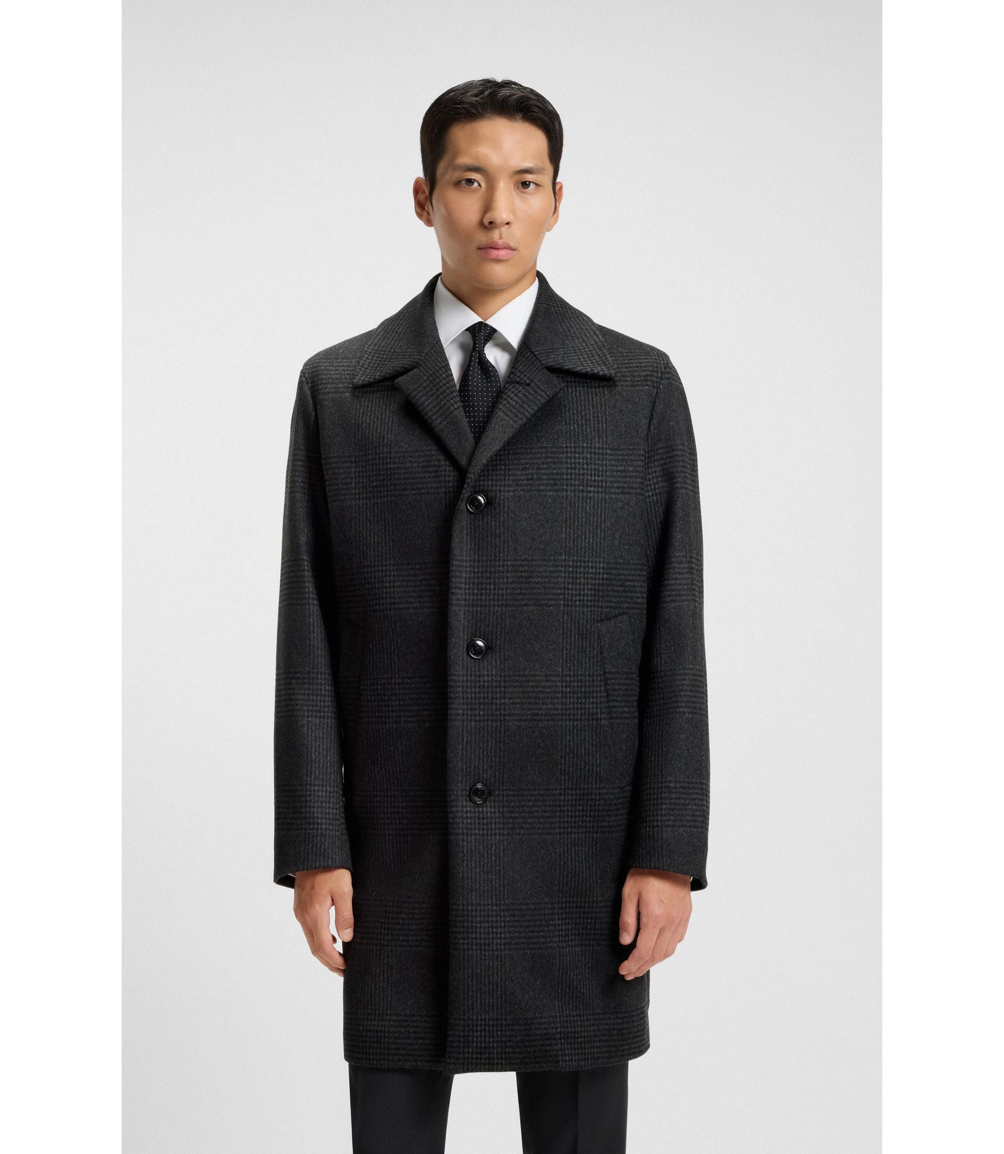 Boss Checked Relaxed Fit Coat In Wool And Cashmere Black