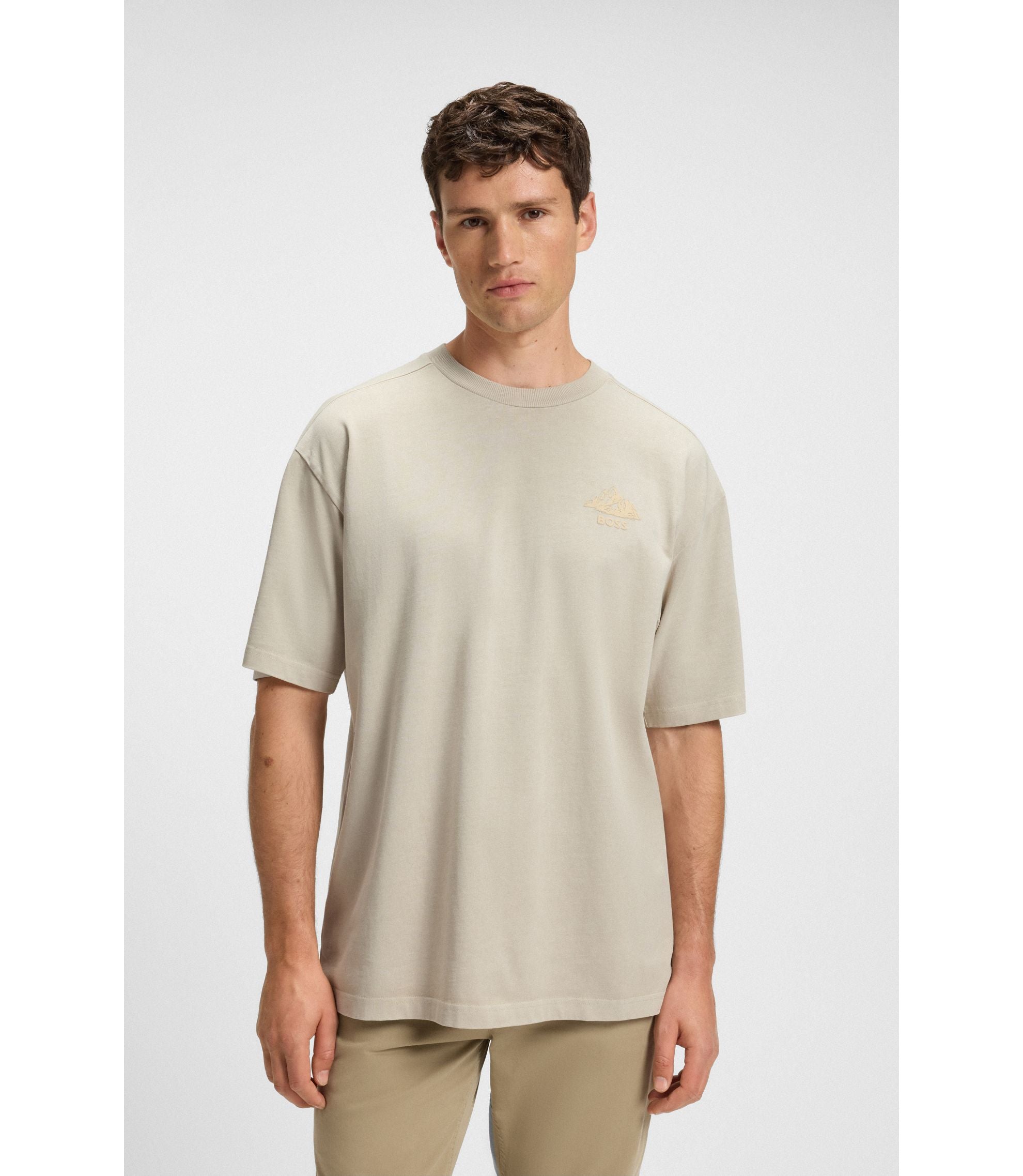 Boss Logo Detail T Shirt In Cotton Jersey Light Beige